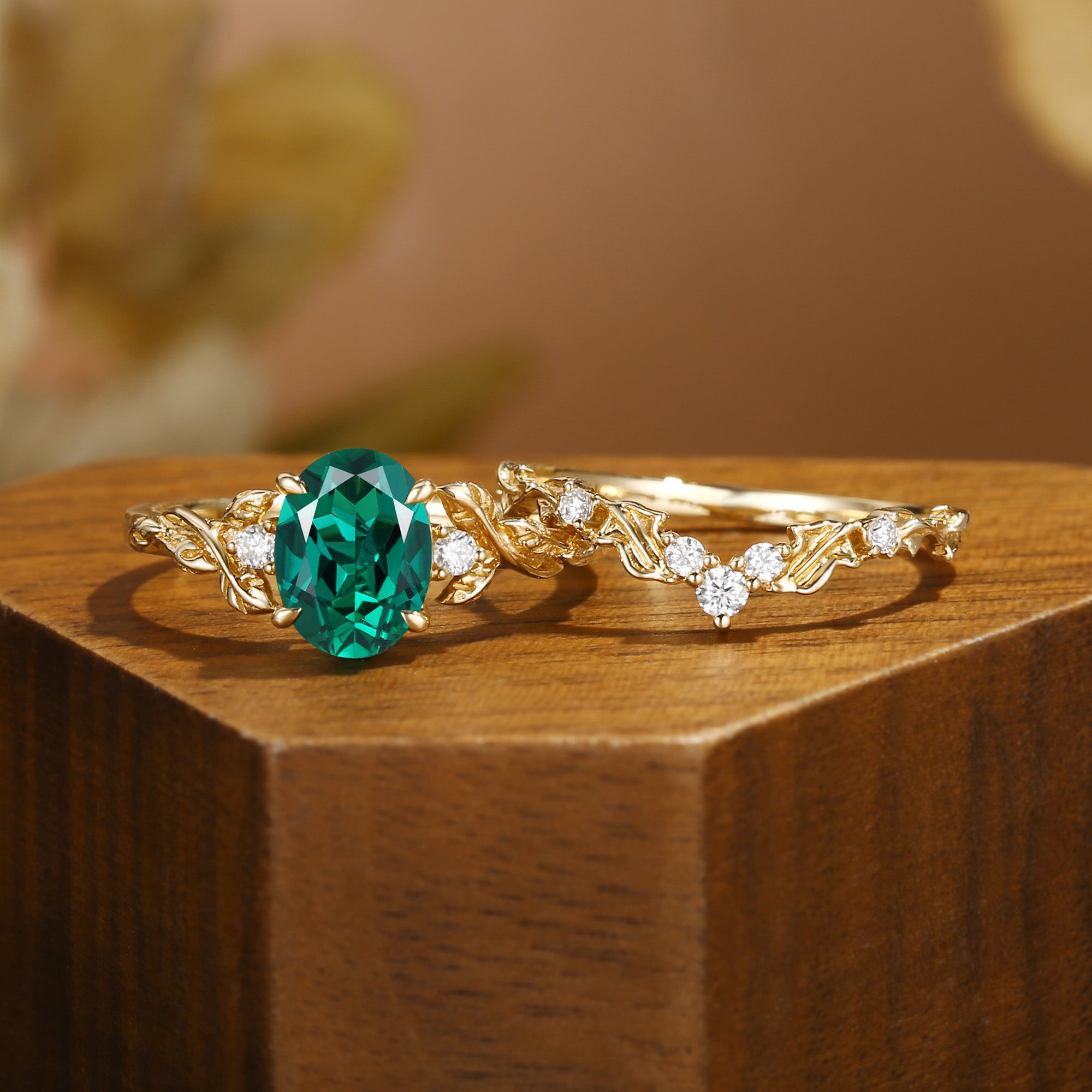 Eden - Oval Cut Lab Emerald Leaf Branch Engagement Ring Set 2pcs