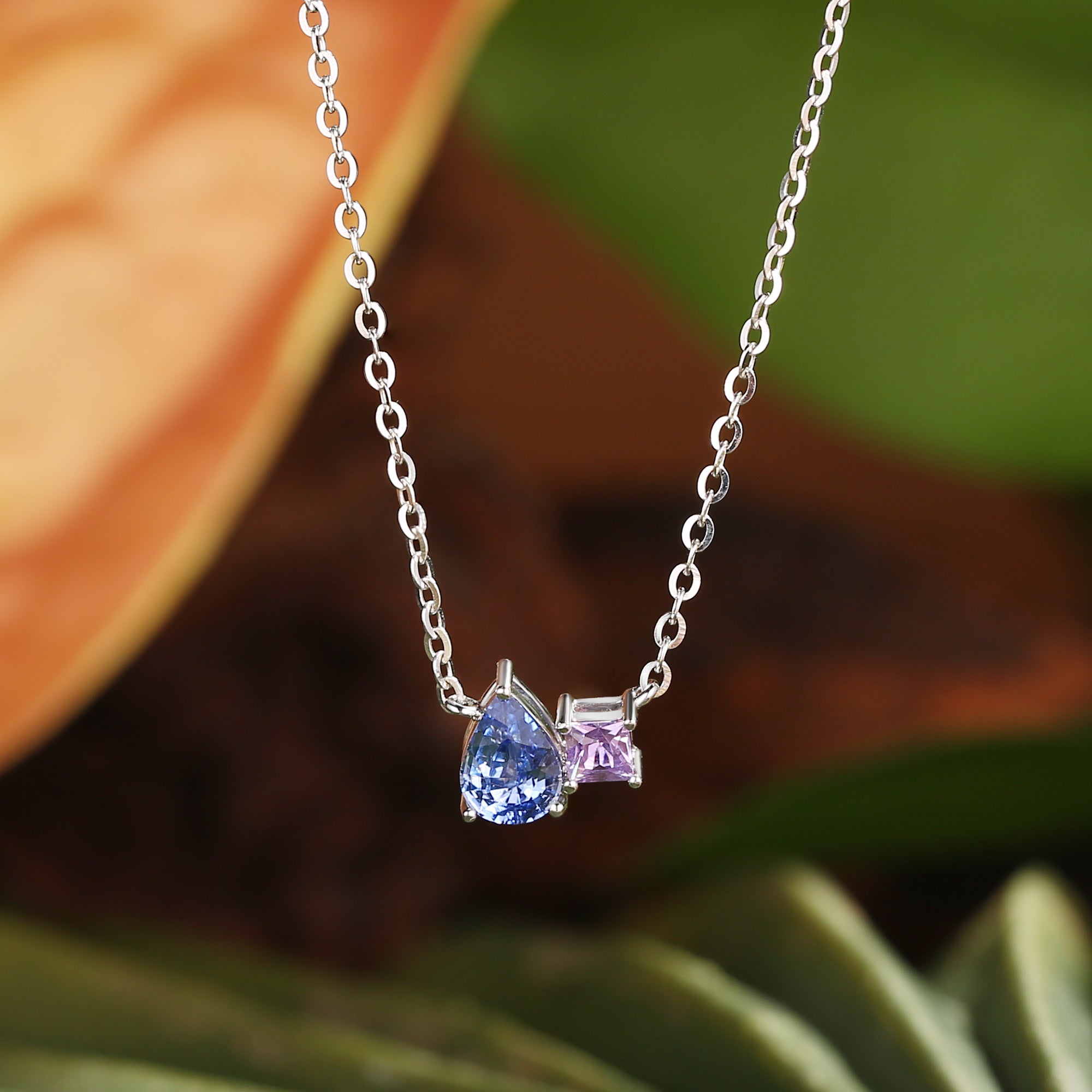 Monet's Garden-Inspired Lab Sapphire Blue & Pink Pendant