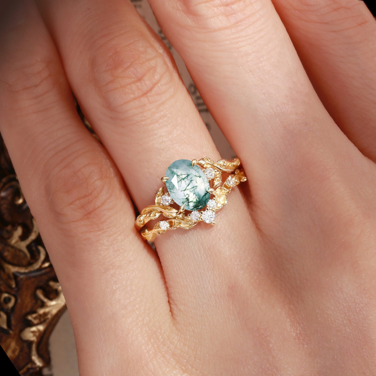 Eden - Oval Cut Moss Agate Leaf Branch Engagement Ring Set 2pcs