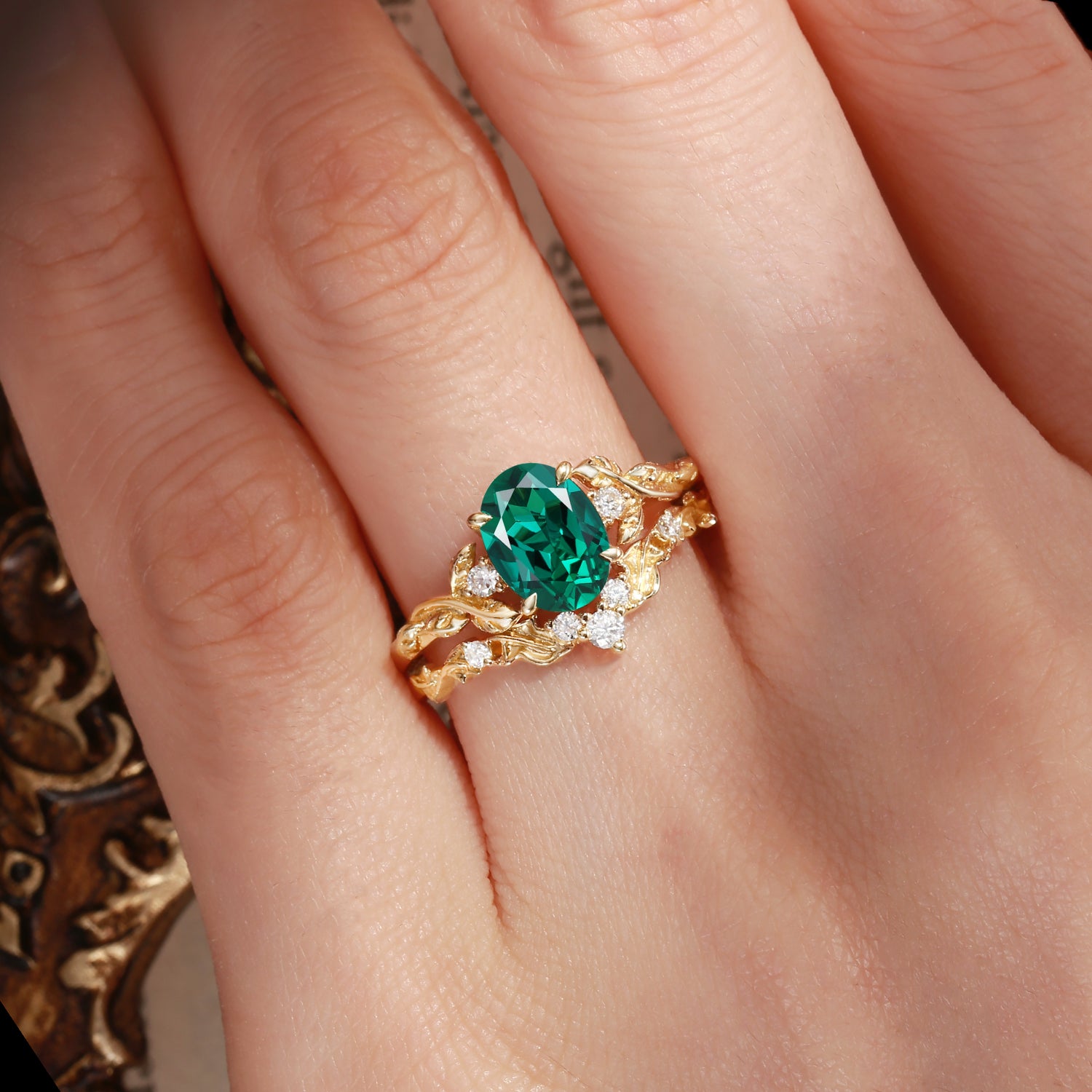 Eden - Oval Cut Lab Emerald Leaf Branch Engagement Ring Set 2pcs