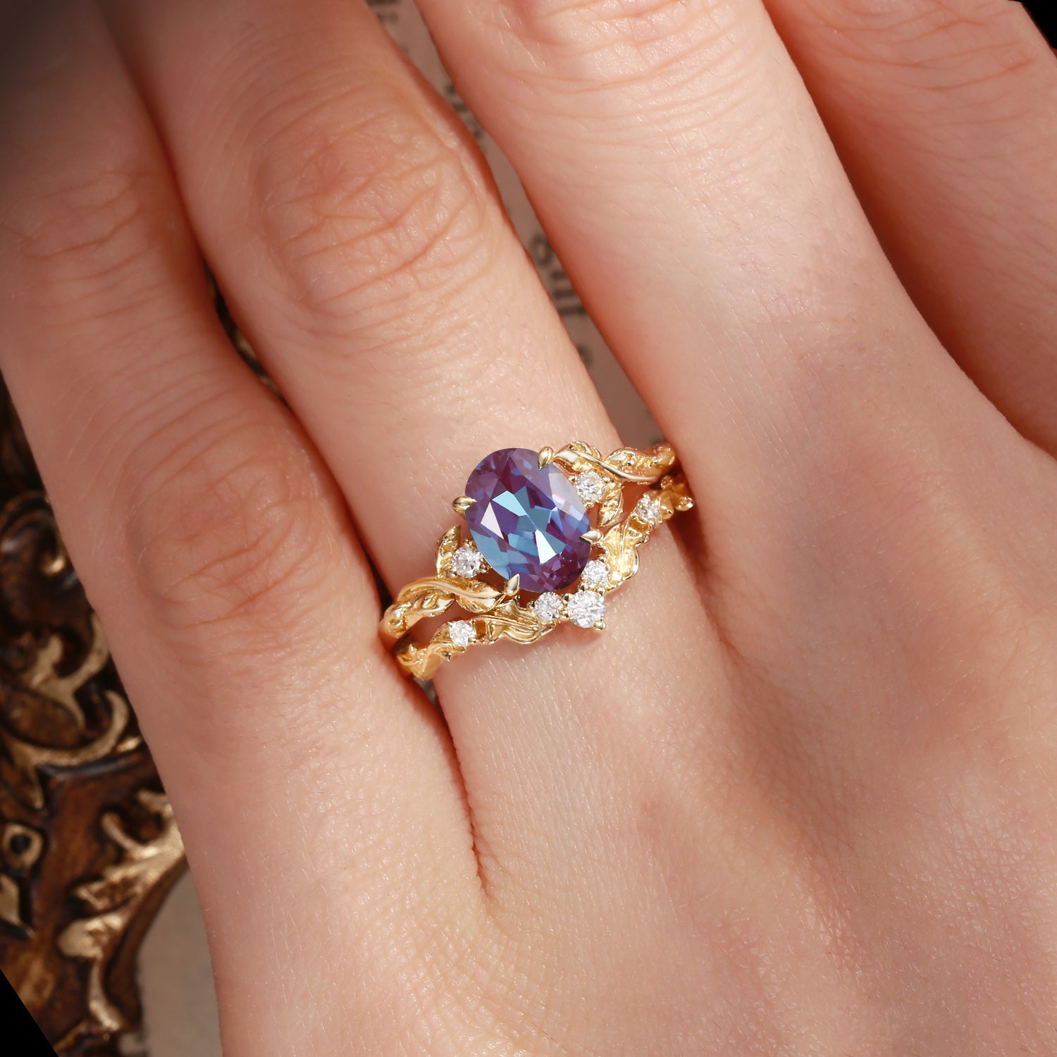 Eden - Oval Cut Lab Alexandrite Leaf Branch Engagement Ring Set 2pcs