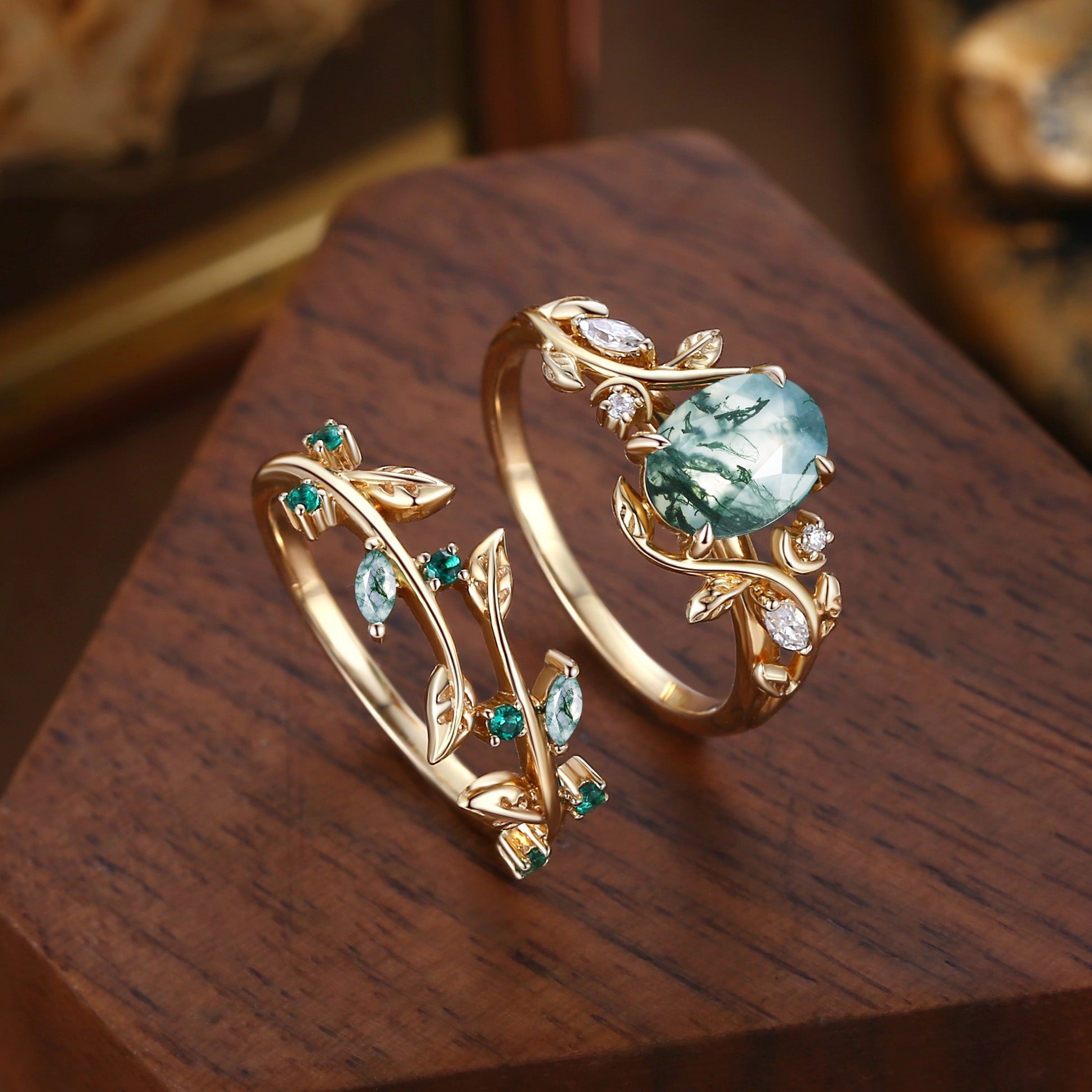 Désirée - Oval Cut Moss Agate Branch Leafy Engagement Ring Set 2pcs