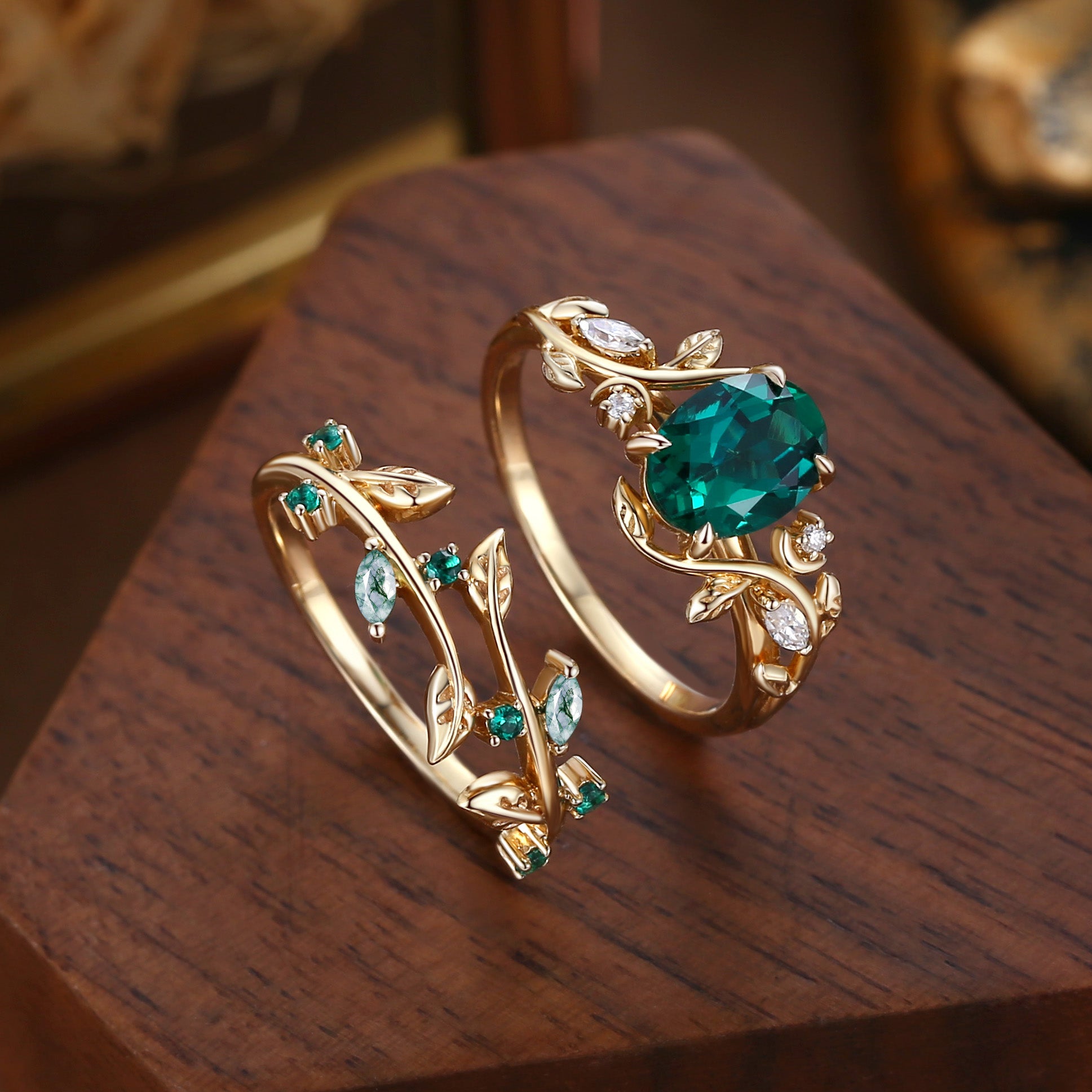 Désirée - Oval Cut Lab Emerald Branch Leafy Engagement Ring Set 2pcs