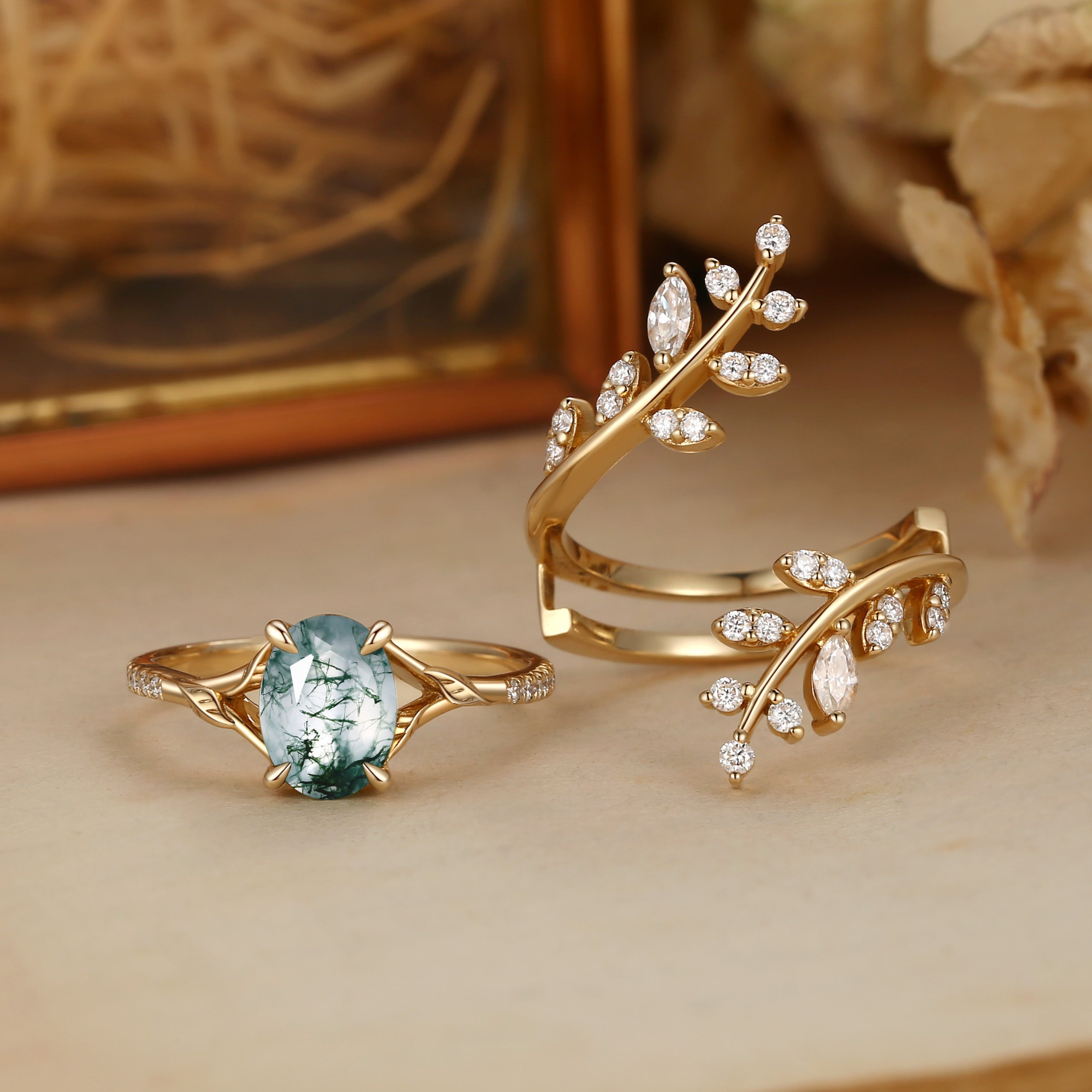 Daphne - Oval Cut Moss Agate Cluster Enhancer Ring Set 2pcs