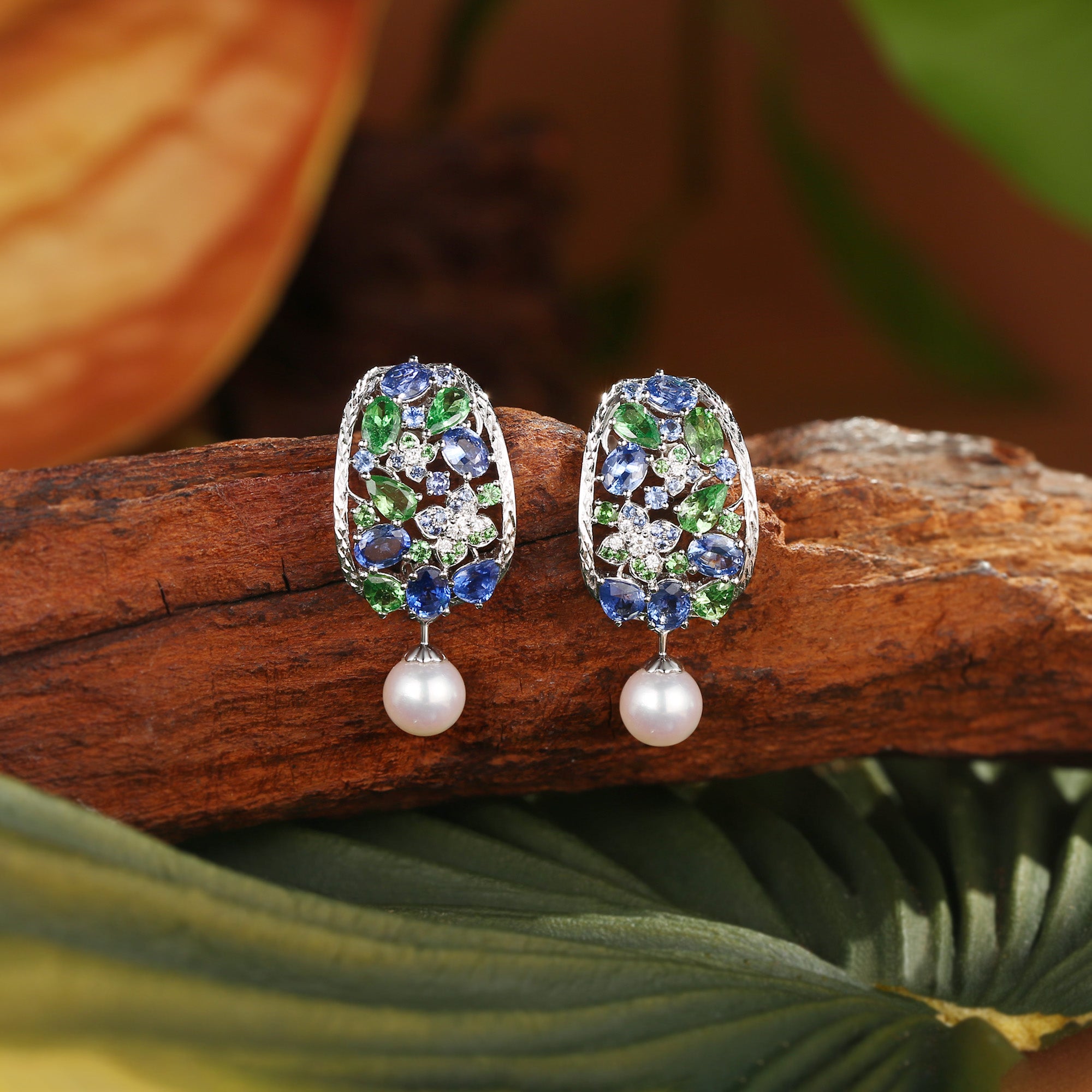 Sapphire & Emerald Flower Pearl Earrings