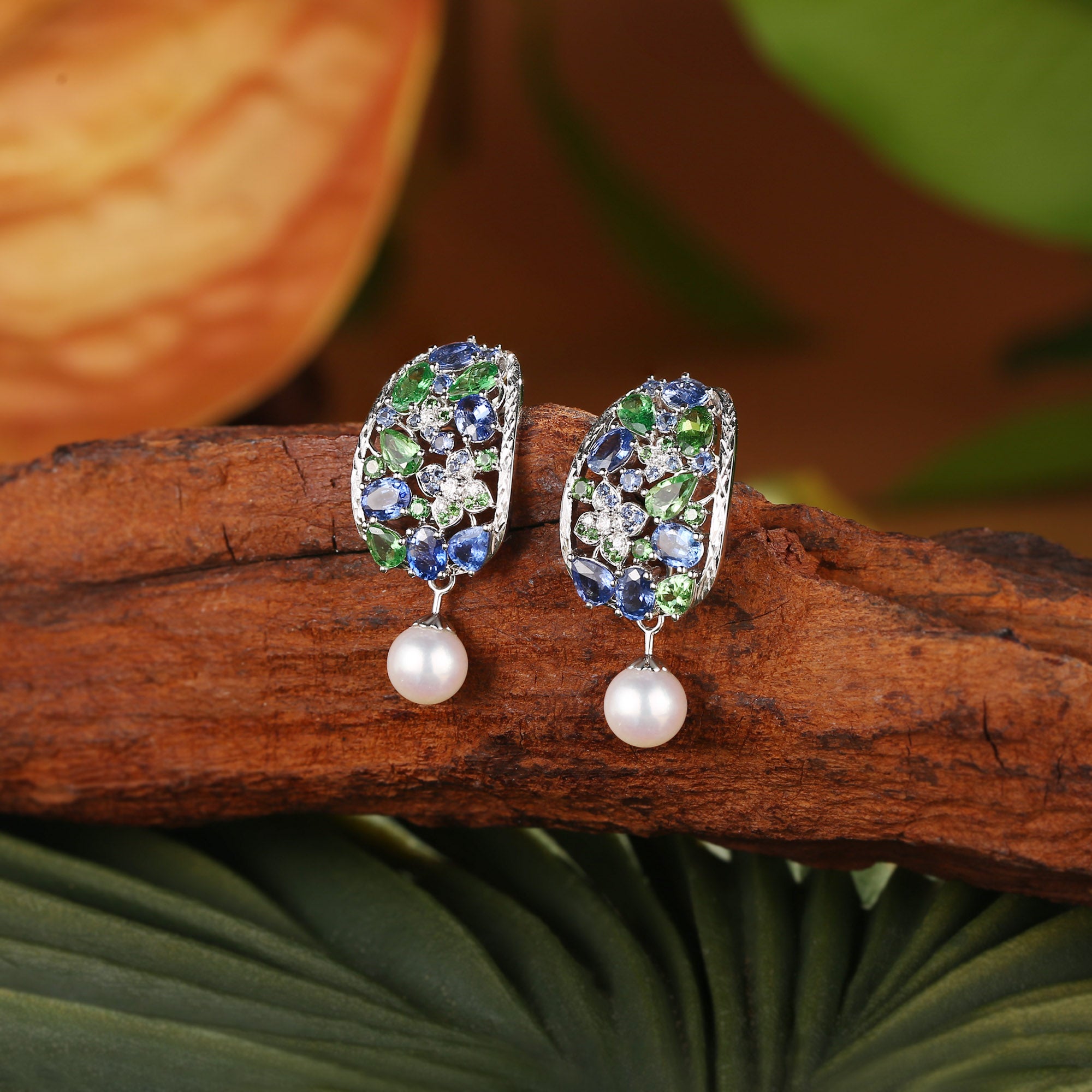 Sapphire & Emerald Flower Pearl Earrings