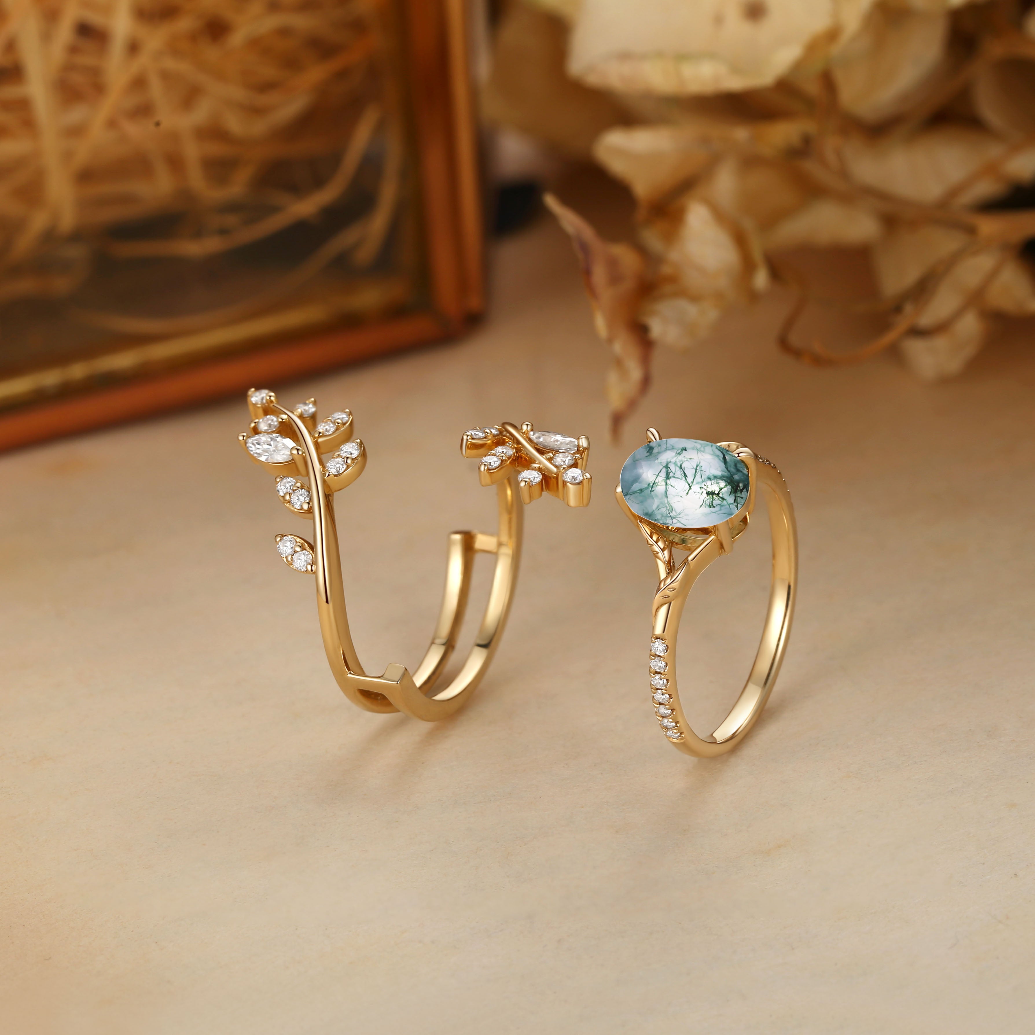 Daphne - Oval Cut Moss Agate Cluster Enhancer Ring Set 2pcs