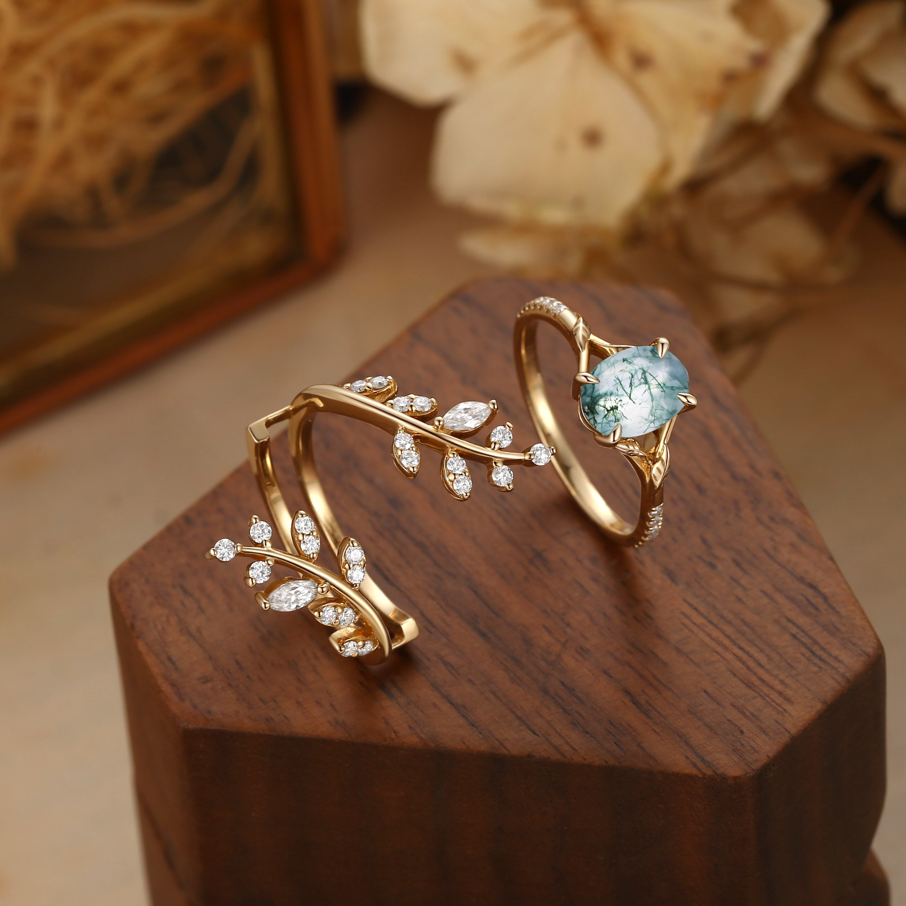 Daphne - Oval Cut Moss Agate Cluster Enhancer Ring Set 2pcs