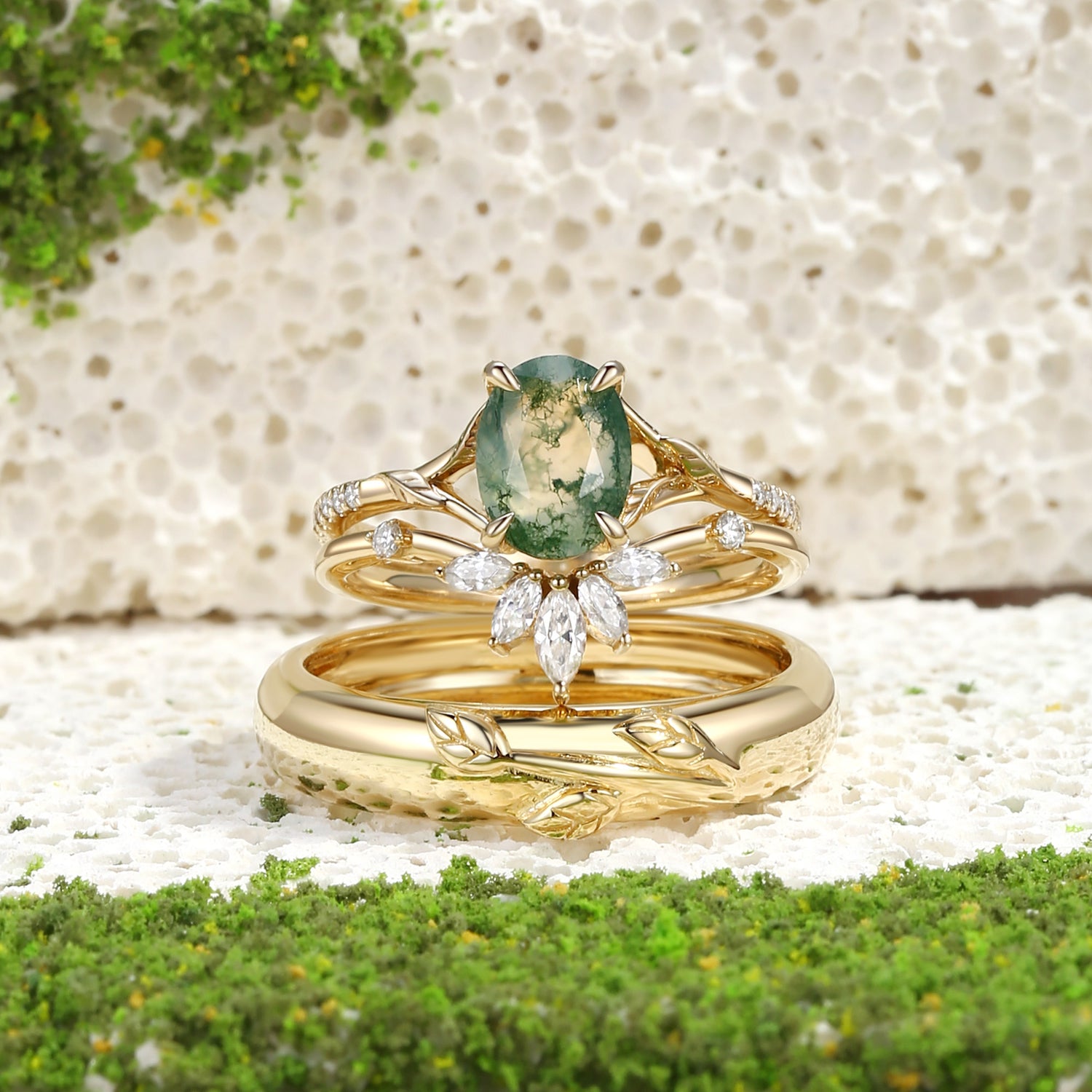 Dahlia - Moss Agate Oval Cut Leafy Gold Couple Ring Set