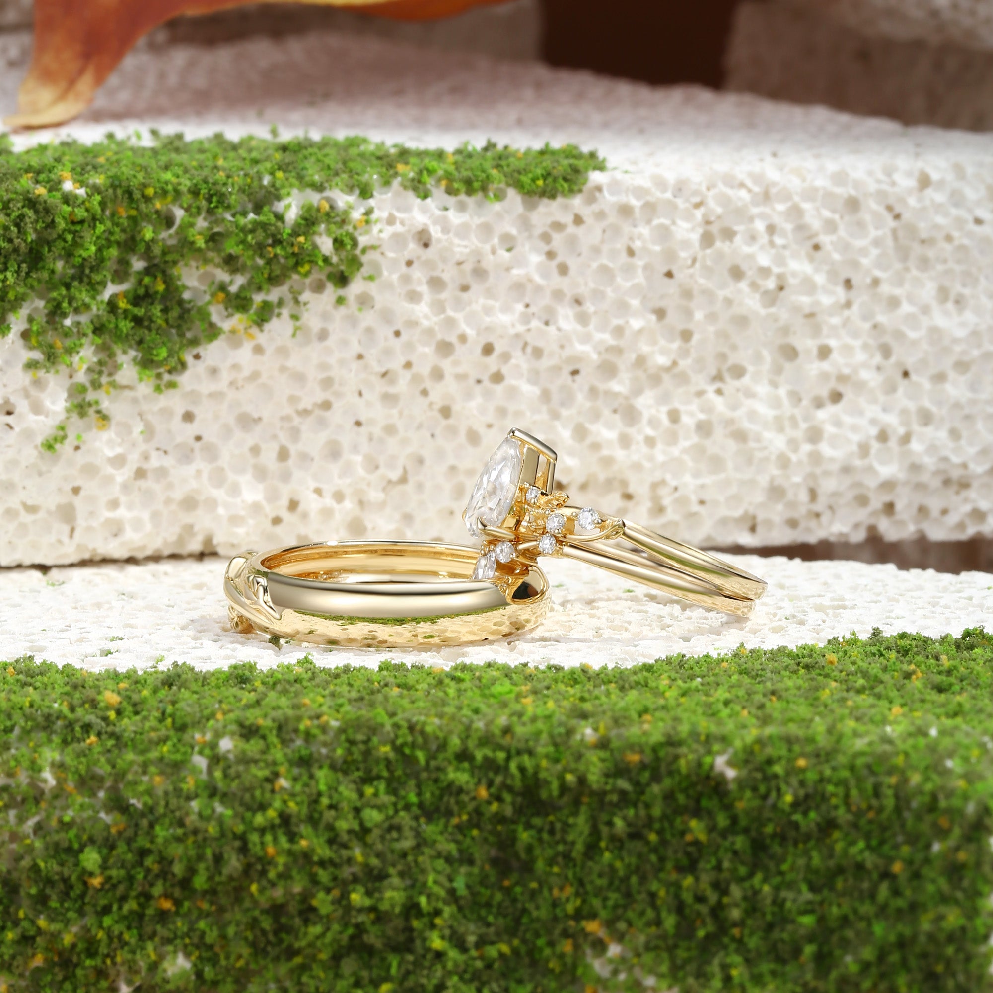 Clarissa - Moissanite Pear Cut Leafy Gold Couple Ring Set