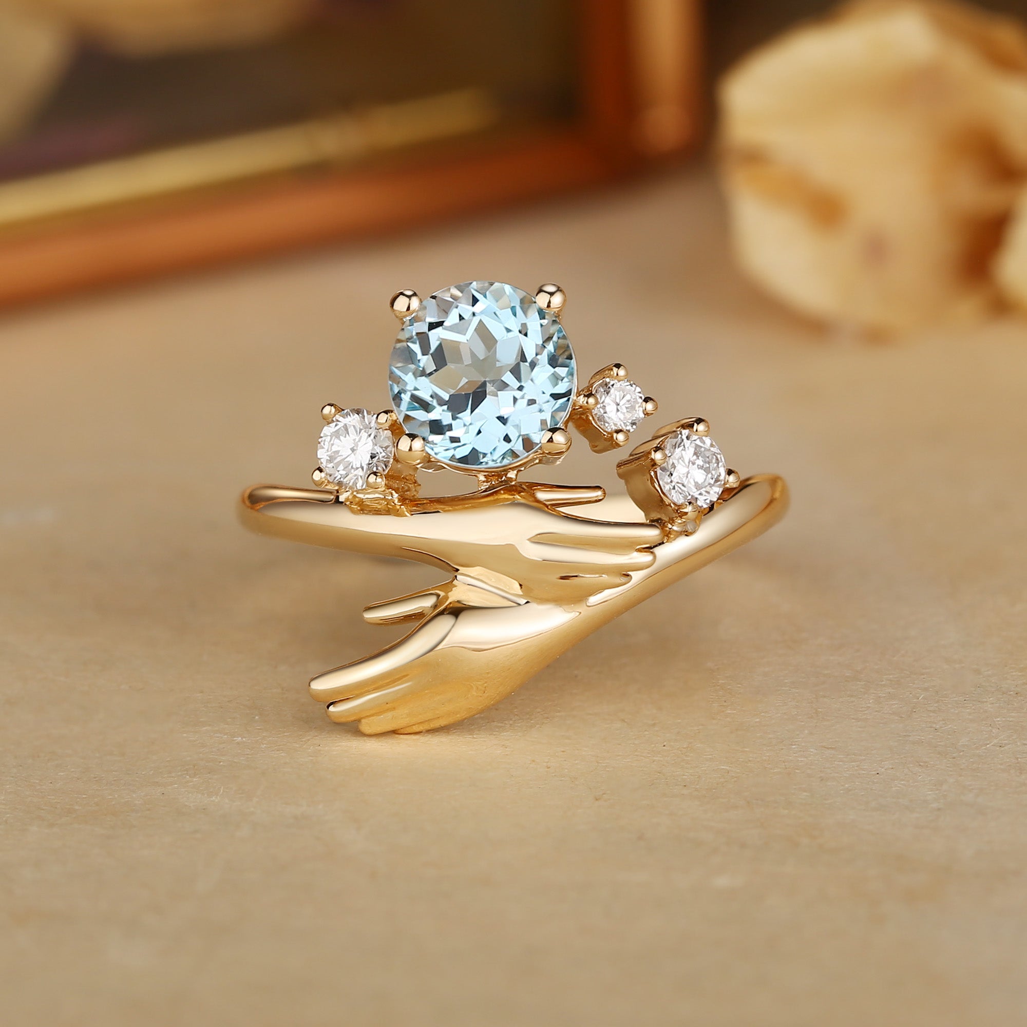 Unity - Unique Round Cut Aquamarine Art Hand  Inspired Engagement Ring