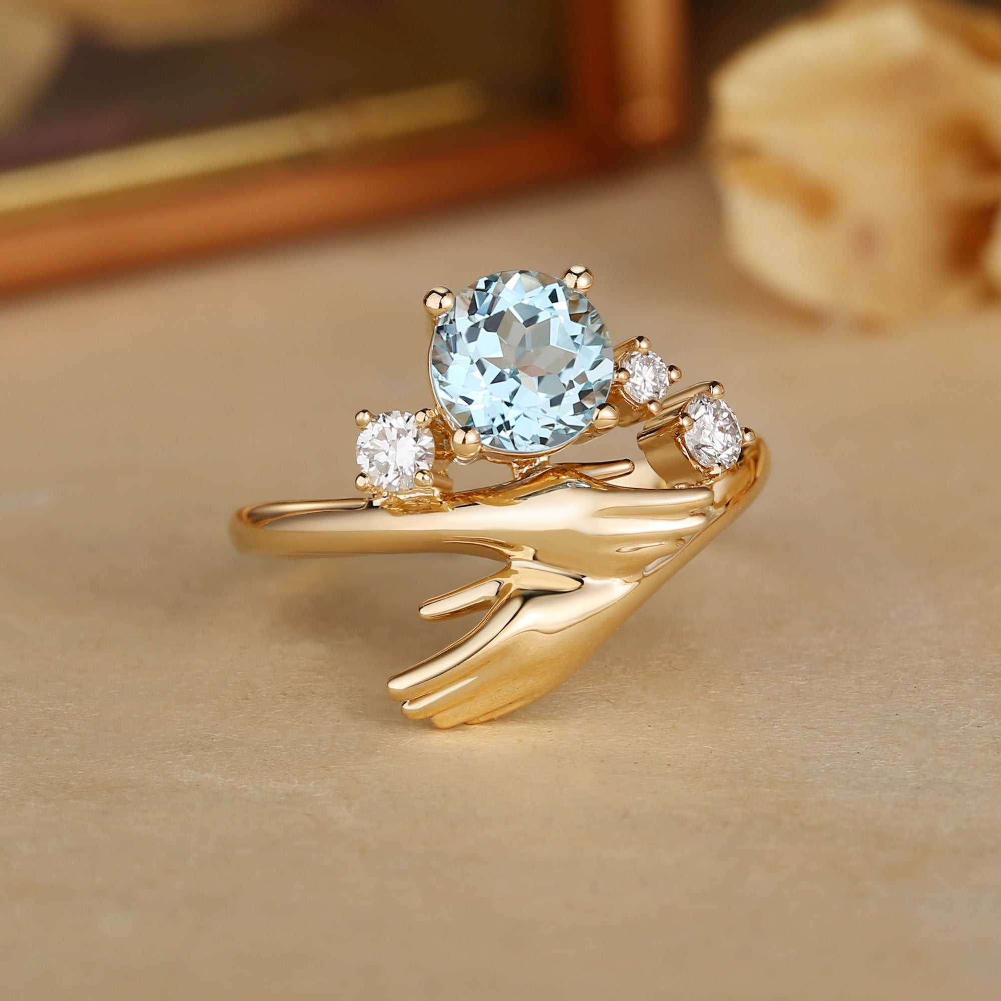 Unity - Unique Round Cut Aquamarine Art Hand  Inspired Engagement Ring