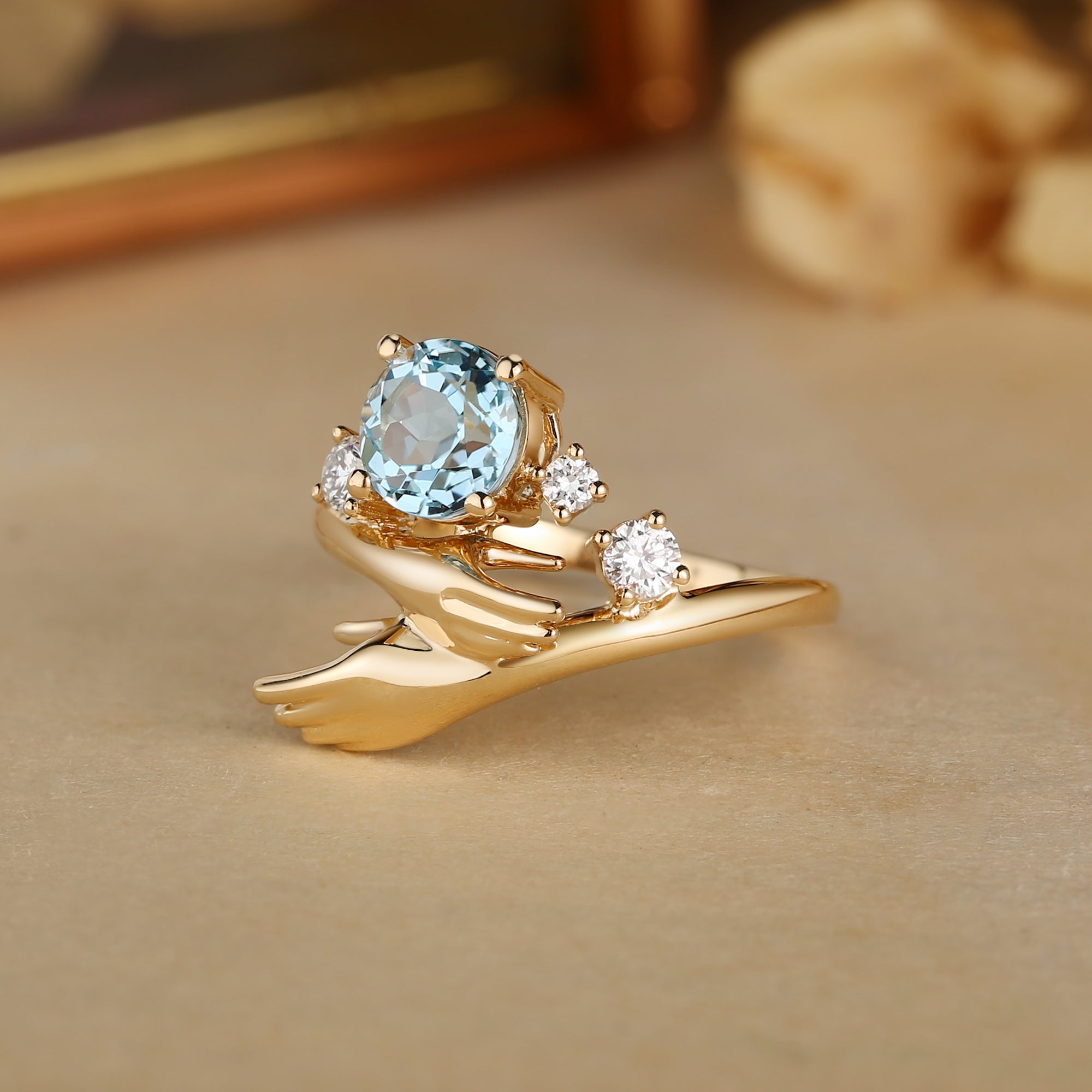 Unity - Unique Round Cut Aquamarine Art Hand  Inspired Engagement Ring