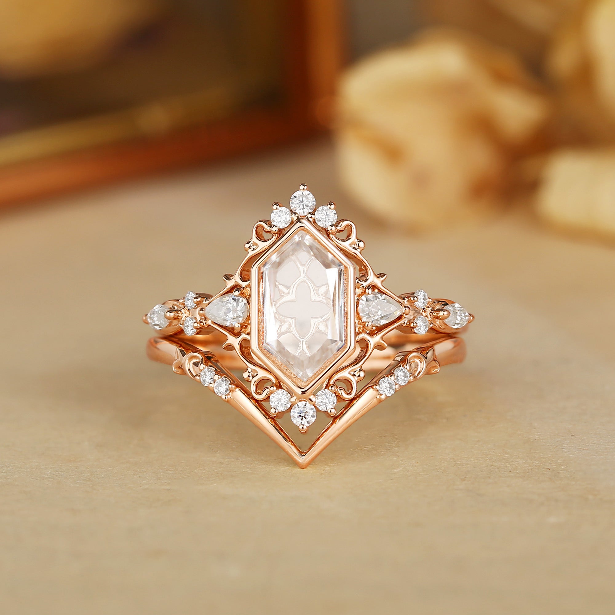 Swan - Portrait Cut Hexagon Moissanite Princesscore Vintage Bridal Set 2pcs