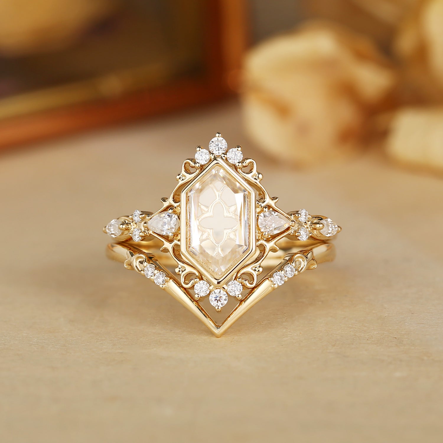 Swan - Portrait Cut Hexagon Moissanite Princesscore Vintage Bridal Set 2pcs