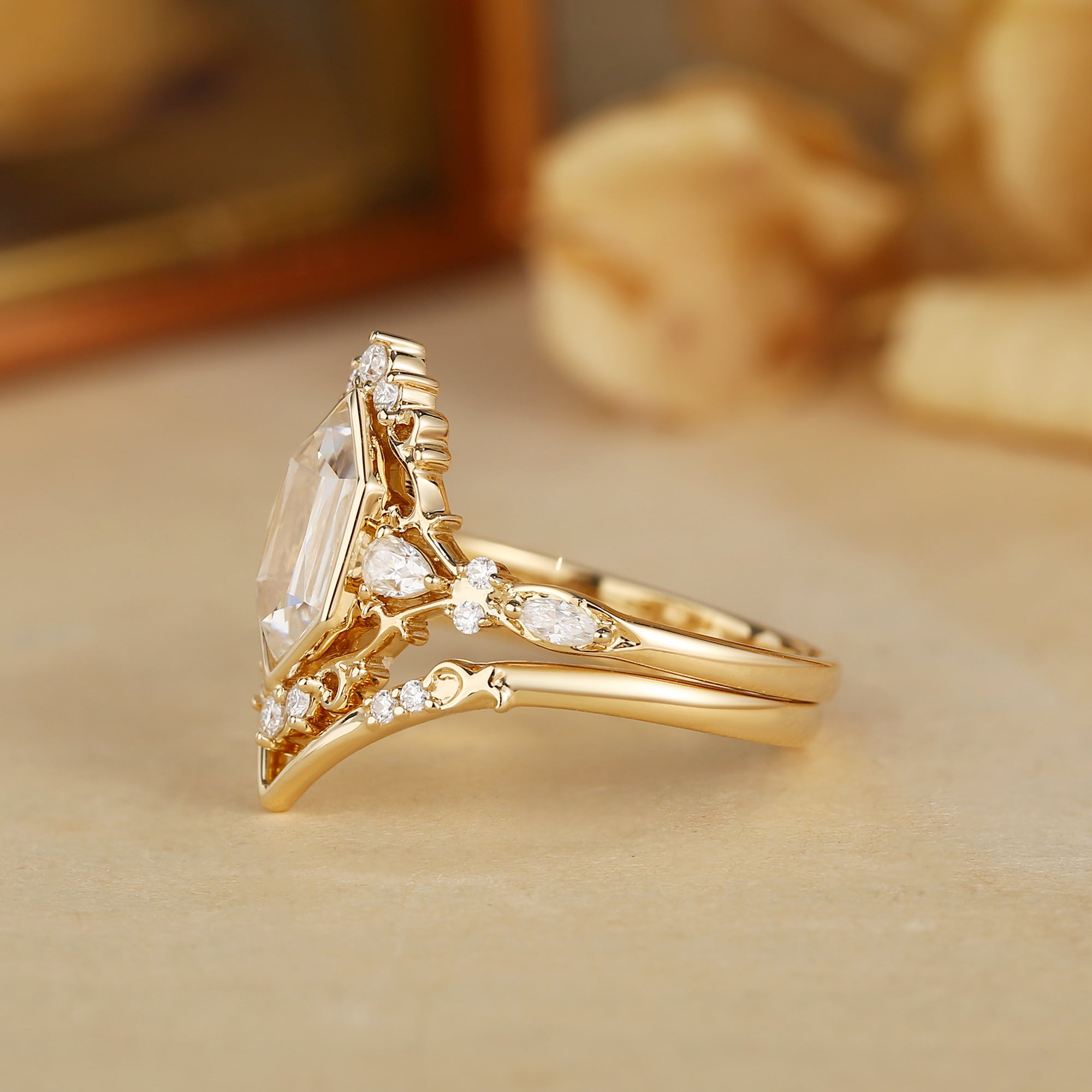 Swan - Portrait Cut Hexagon Moissanite Princesscore Vintage Bridal Set 2pcs