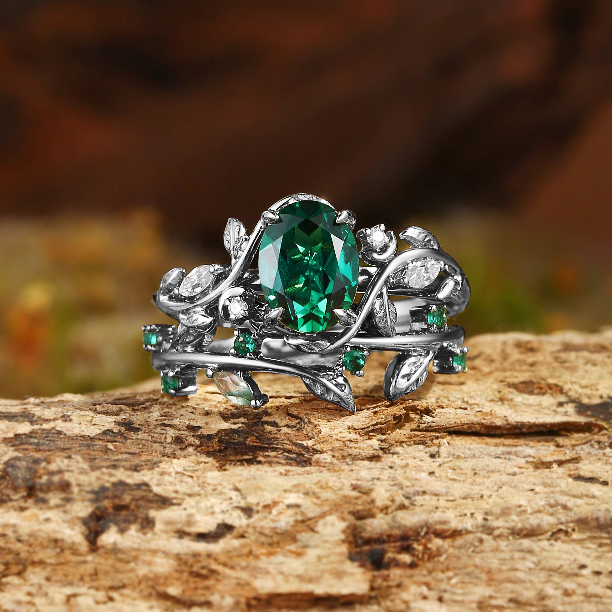 Désirée - Oval Cut Lab Emerald Branch Leafy Engagement Ring Set 2pcs