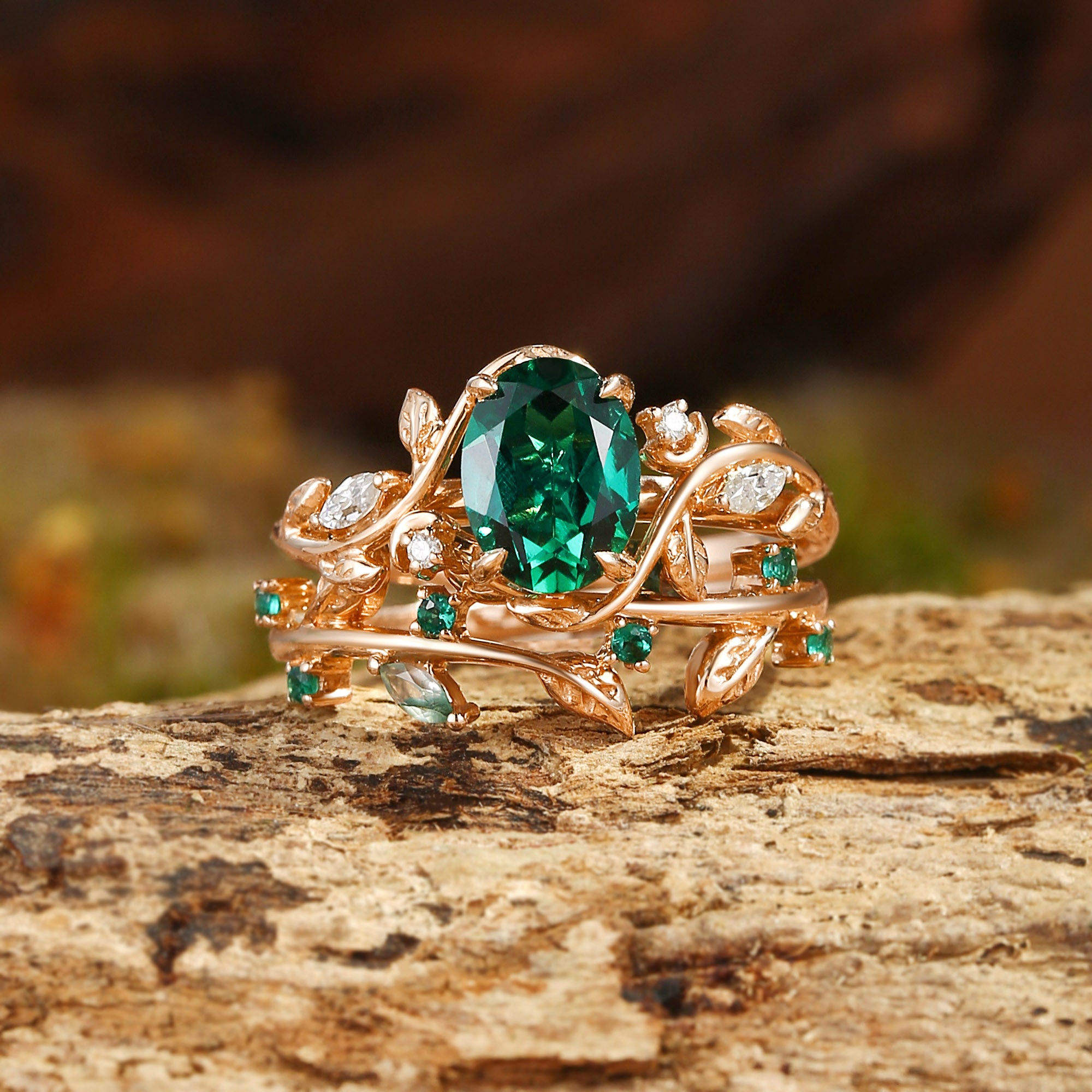 Désirée - Oval Cut Lab Emerald Branch Leafy Engagement Ring Set 2pcs
