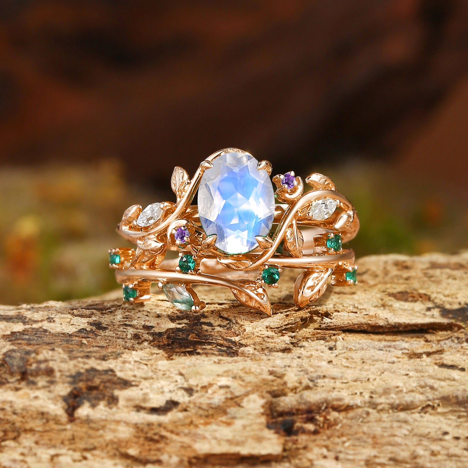 Désirée - Oval Cut Moonstone Branch Leafy Engagement Ring Set 2pcs