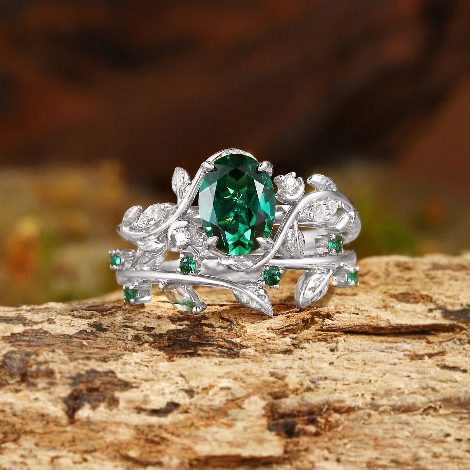 Désirée - Oval Cut Lab Emerald Branch Leafy Engagement Ring Set 2pcs