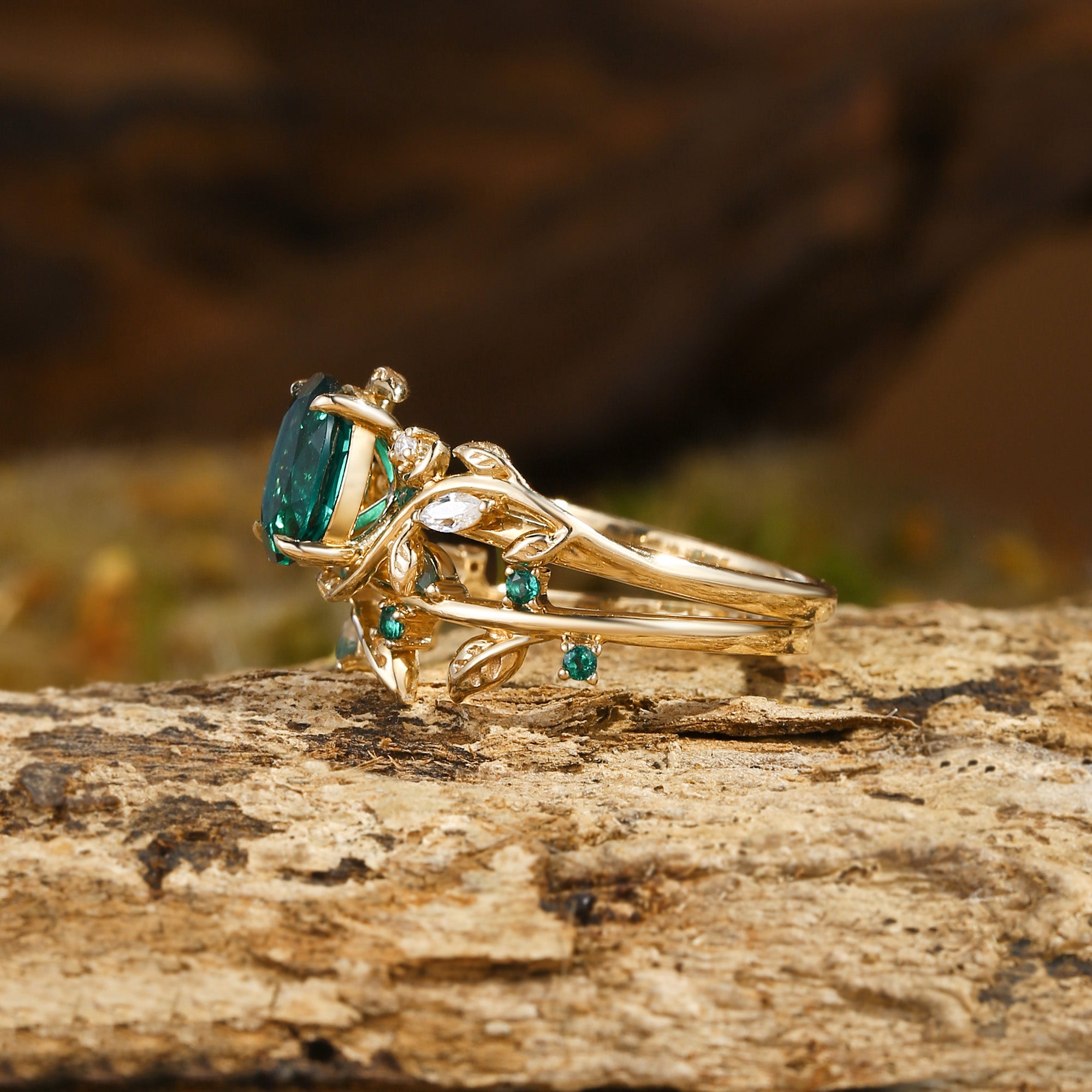 Désirée - Oval Cut Lab Emerald Branch Leafy Engagement Ring Set 2pcs