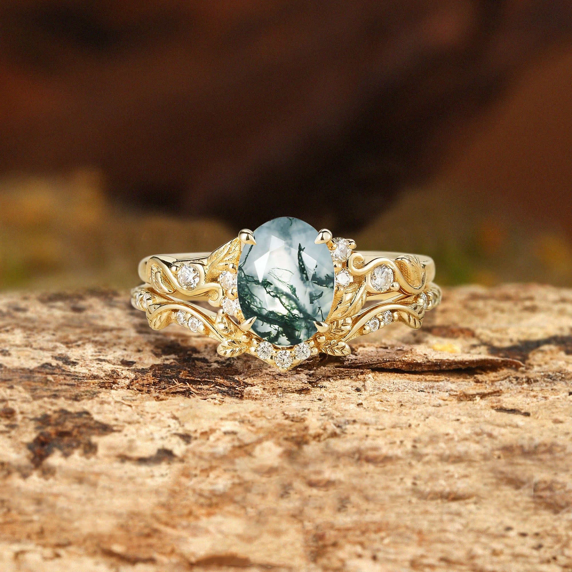 Madeleine - Oval Cut Moss Agate Leafy Engagement Ring Set 2pcs