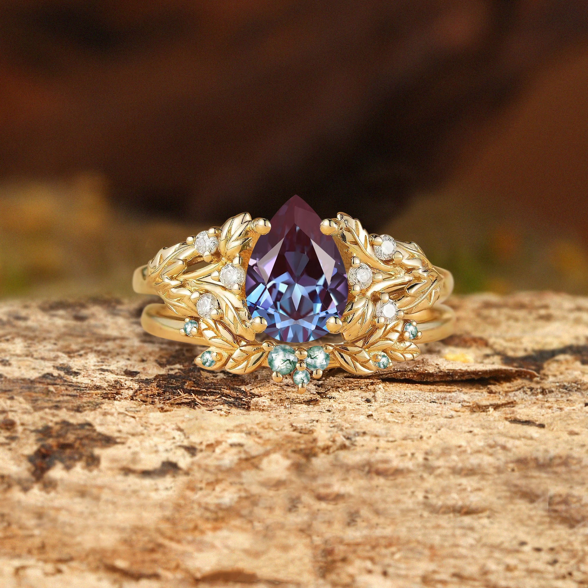 Sage - Cottagecore Pear Cut Alexandrite & Moss Agate Ring Set 2pcs