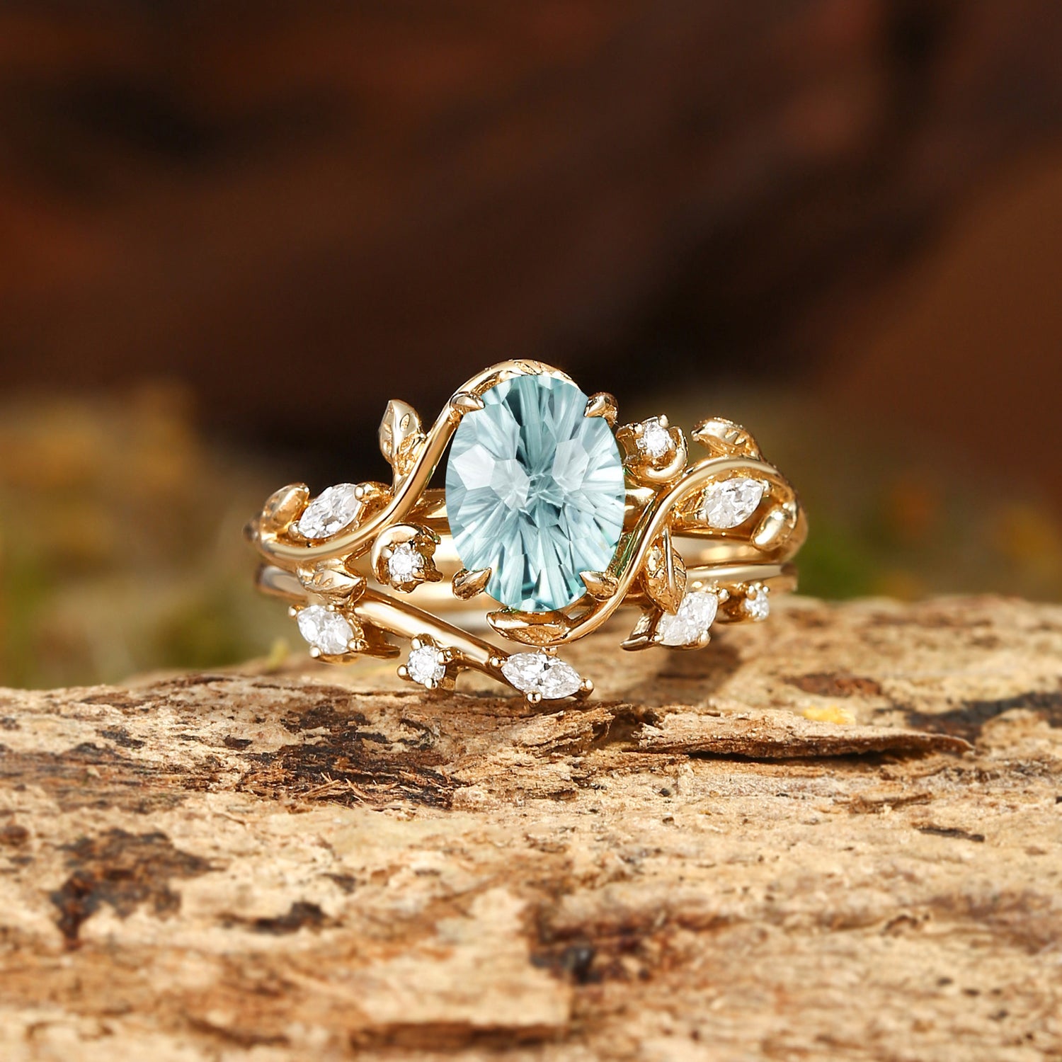 Diana - Oval Cut Leaf-Inspired Firework Cut Green Sapphire Engagement Ring Set 2pcs