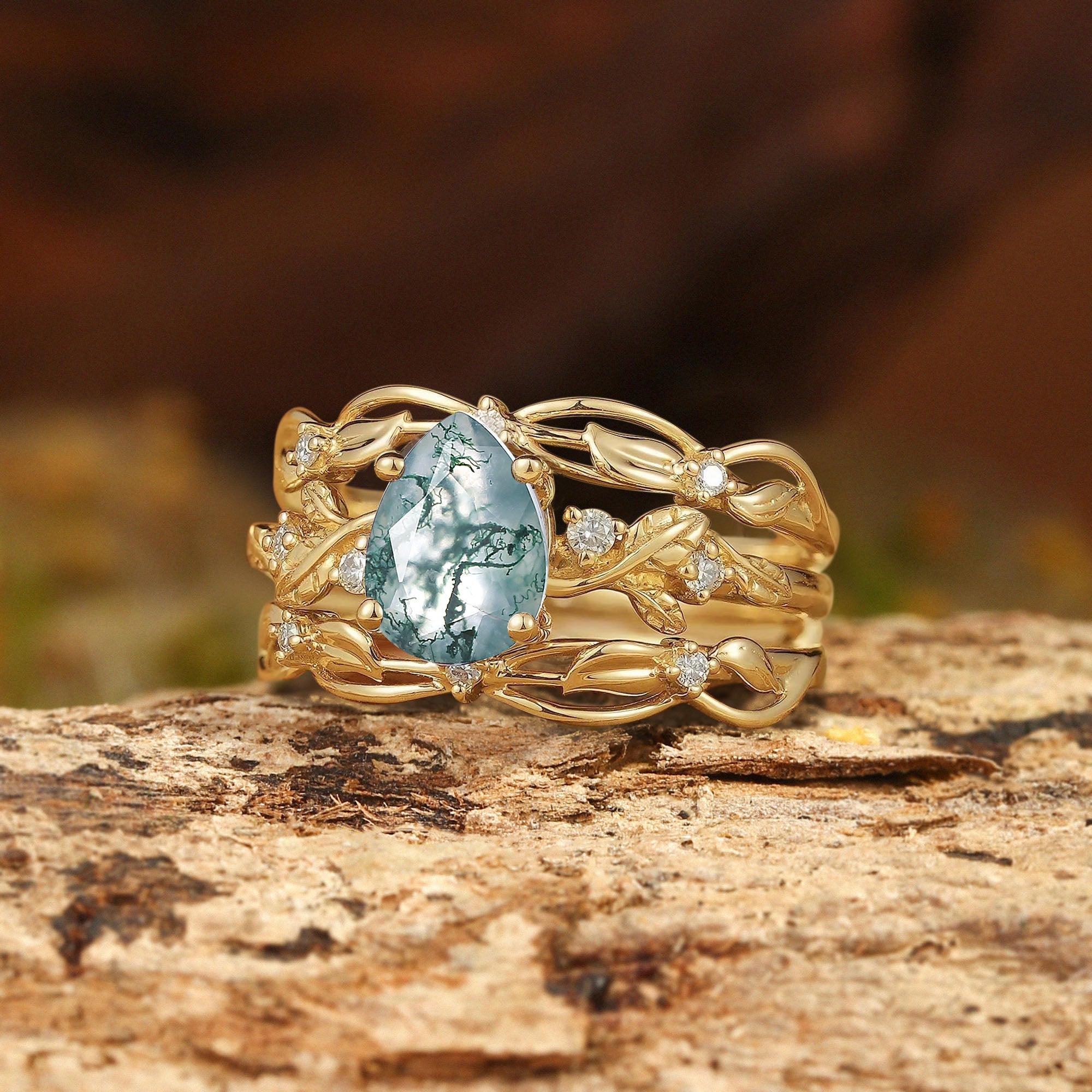 Felicity - Moss Agate & Moissanite Vine Engagement Ring Set 2pcs