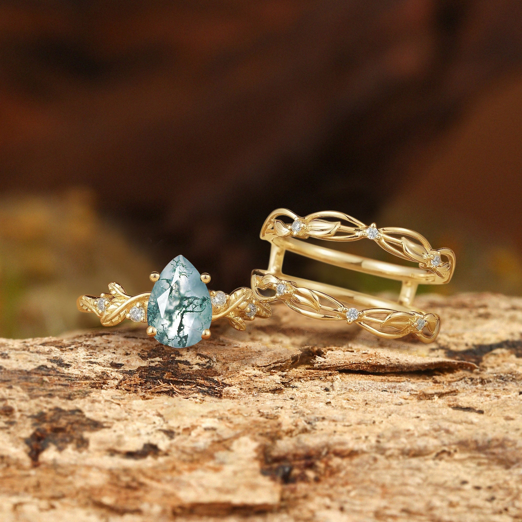 Felicity - Moss Agate & Moissanite Vine Engagement Ring Set 2pcs