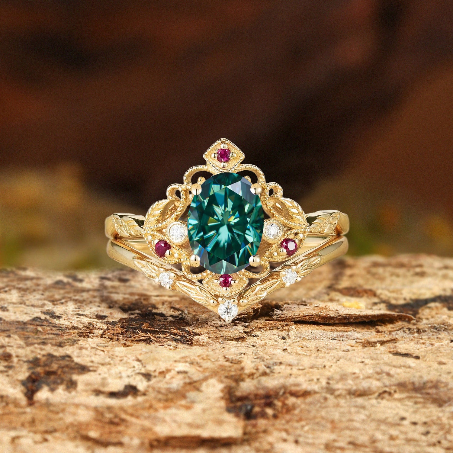 Luciennee - Vintage Milgrain Design Green Moissanite & Ruby Leaf Ring Set 2pcs