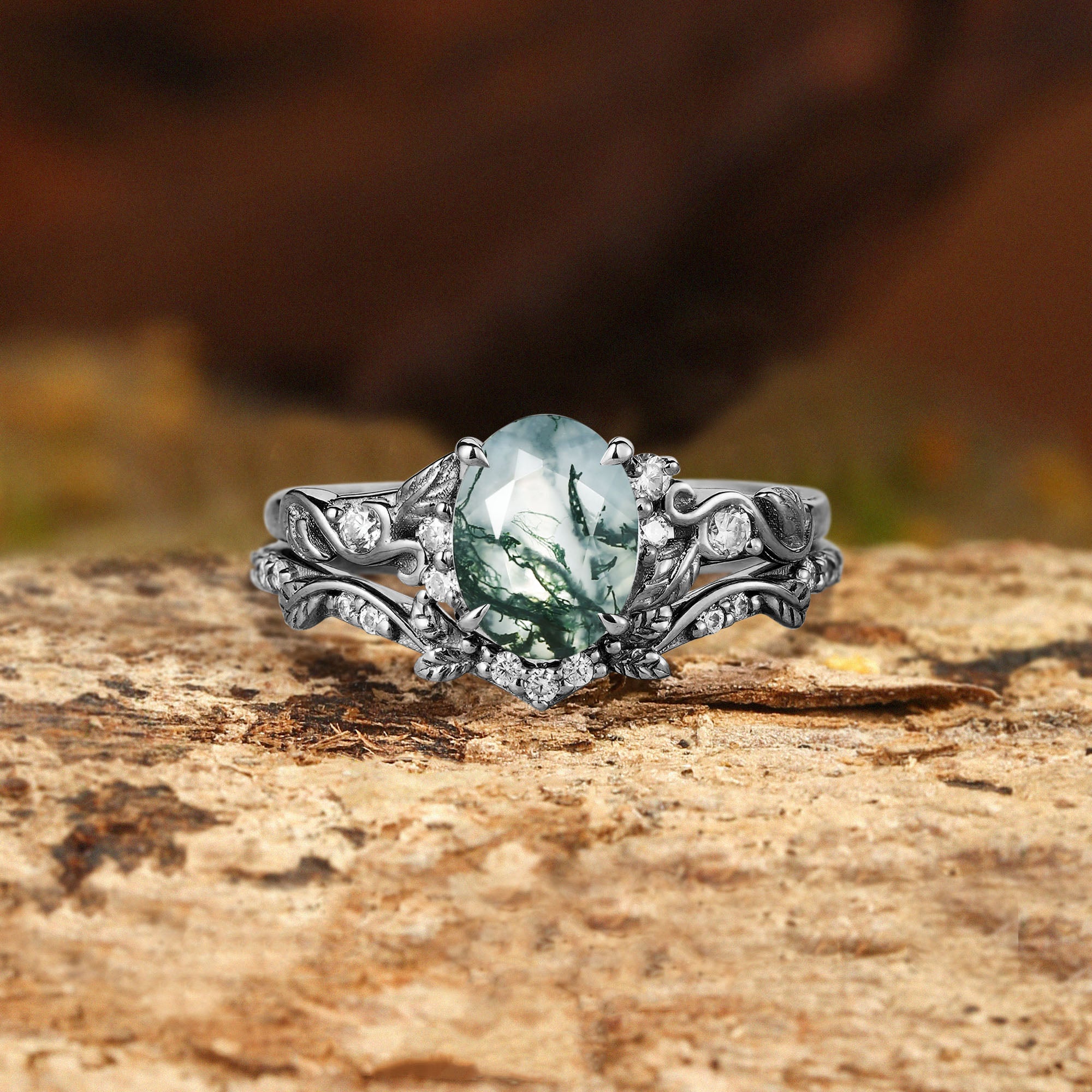 Madeleine - Oval Cut Moss Agate Leafy Engagement Ring Set 2pcs