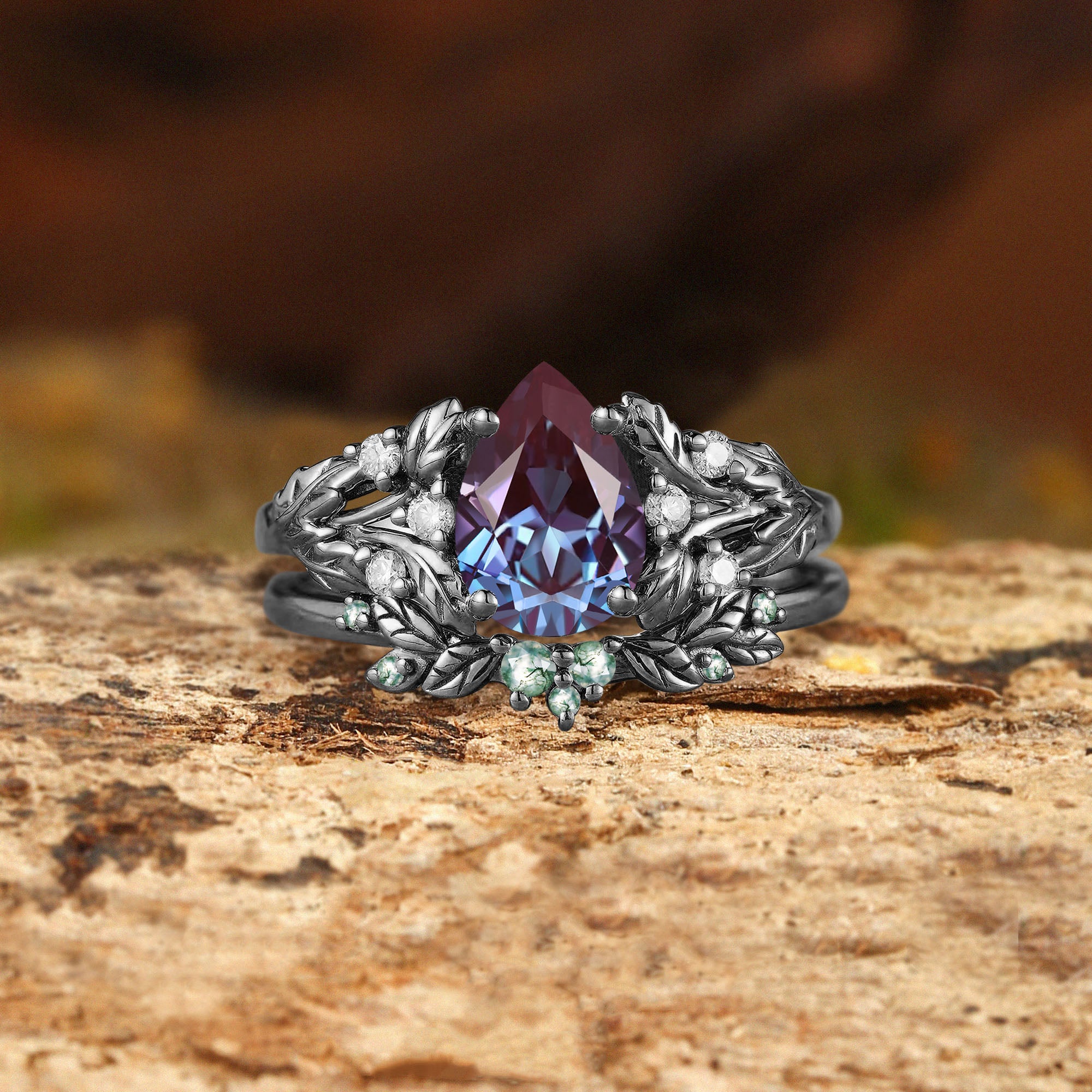 Sage - Cottagecore Pear Cut Alexandrite & Moss Agate Ring Set 2pcs