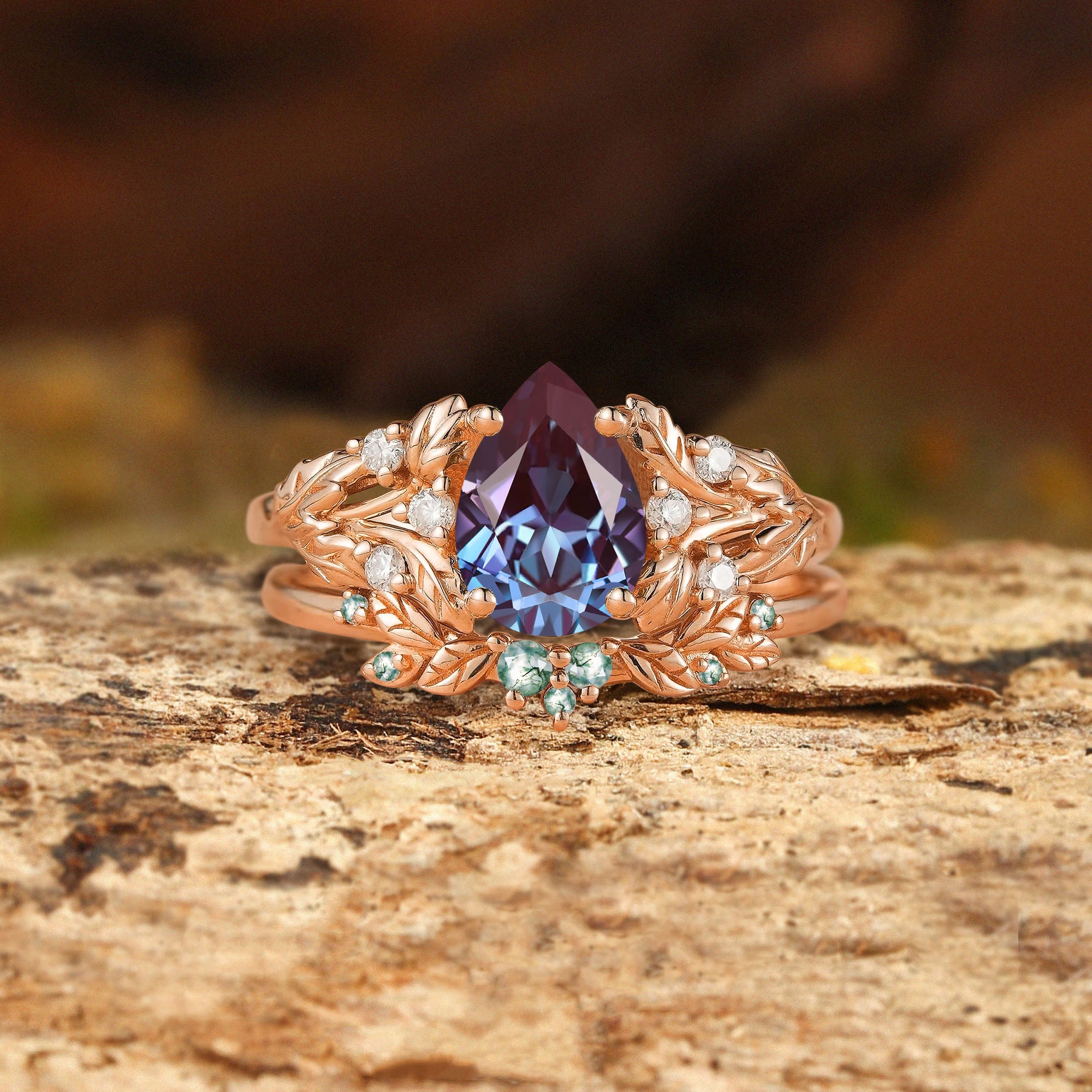 Sage - Cottagecore Pear Cut Alexandrite & Moss Agate Ring Set 2pcs