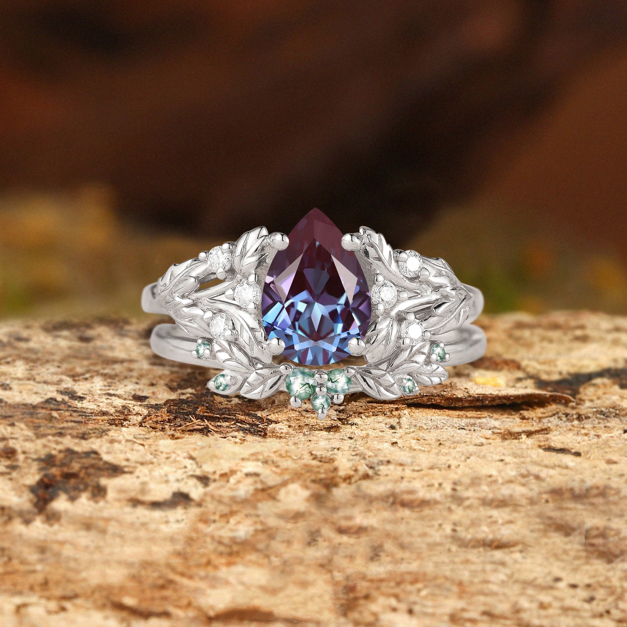 Sage - Cottagecore Pear Cut Alexandrite & Moss Agate Ring Set 2pcs