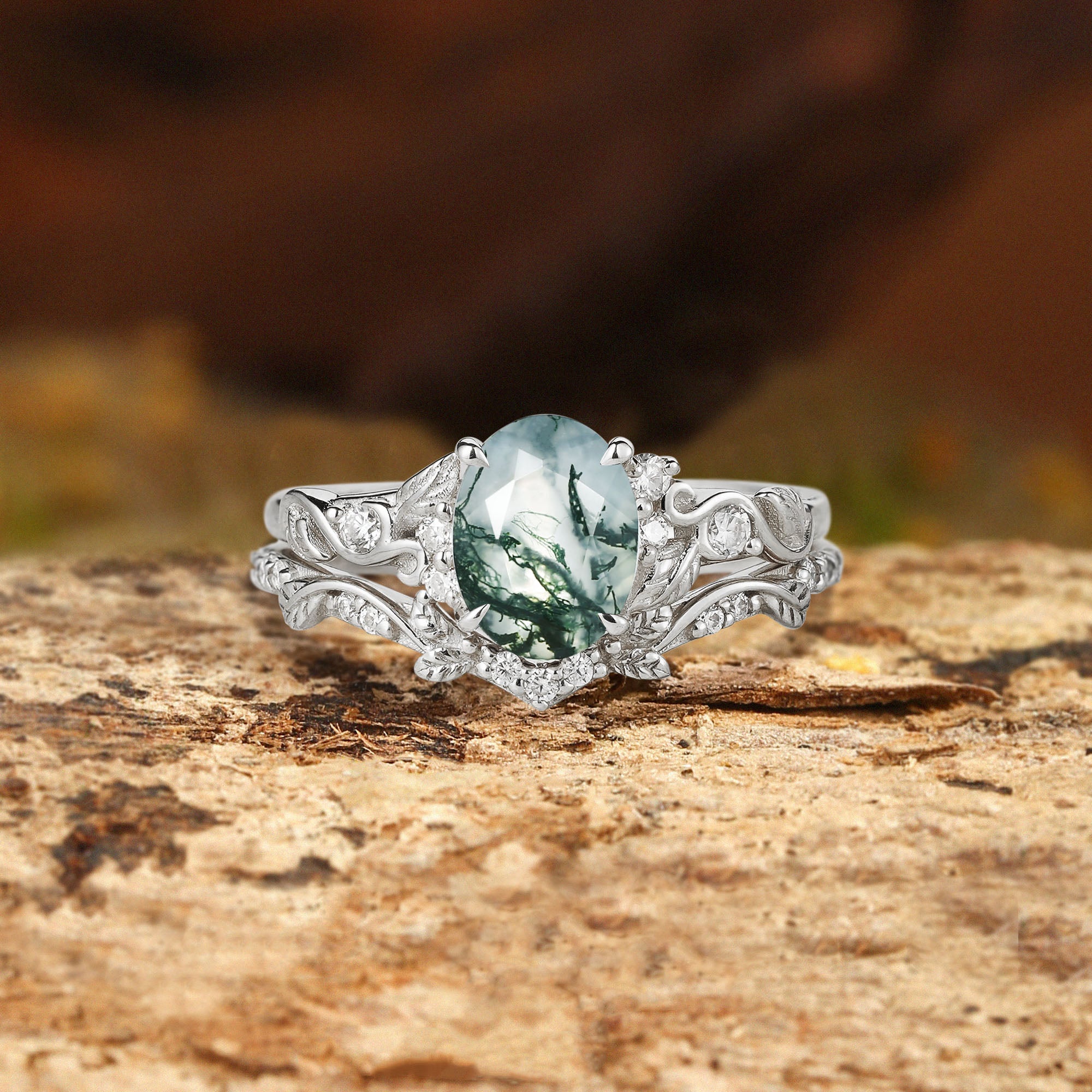 Madeleine - Oval Cut Moss Agate Leafy Engagement Ring Set 2pcs