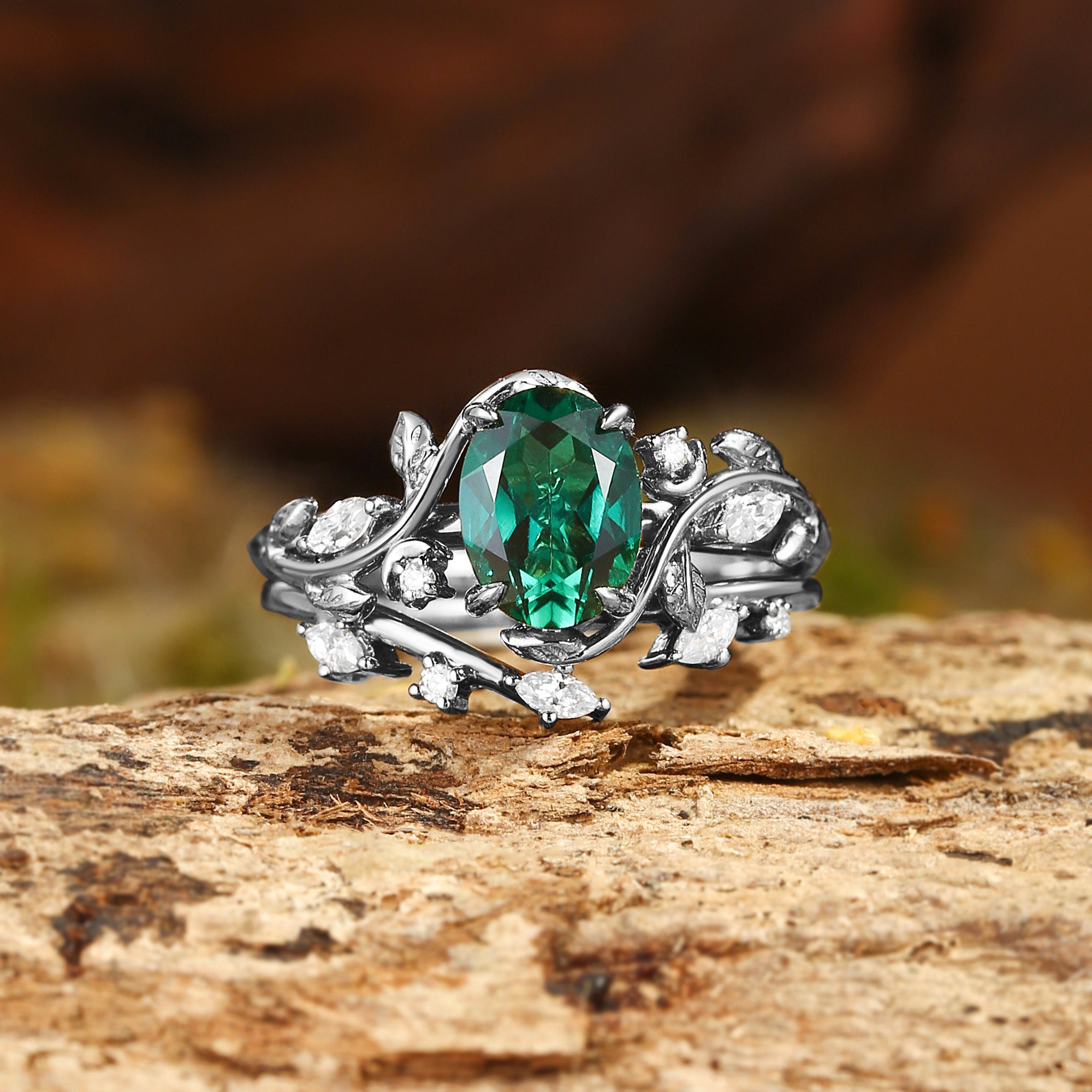 Diana - Oval Cut Leaf-Inspired Lab Emerald Engagement Ring Set 2pcs