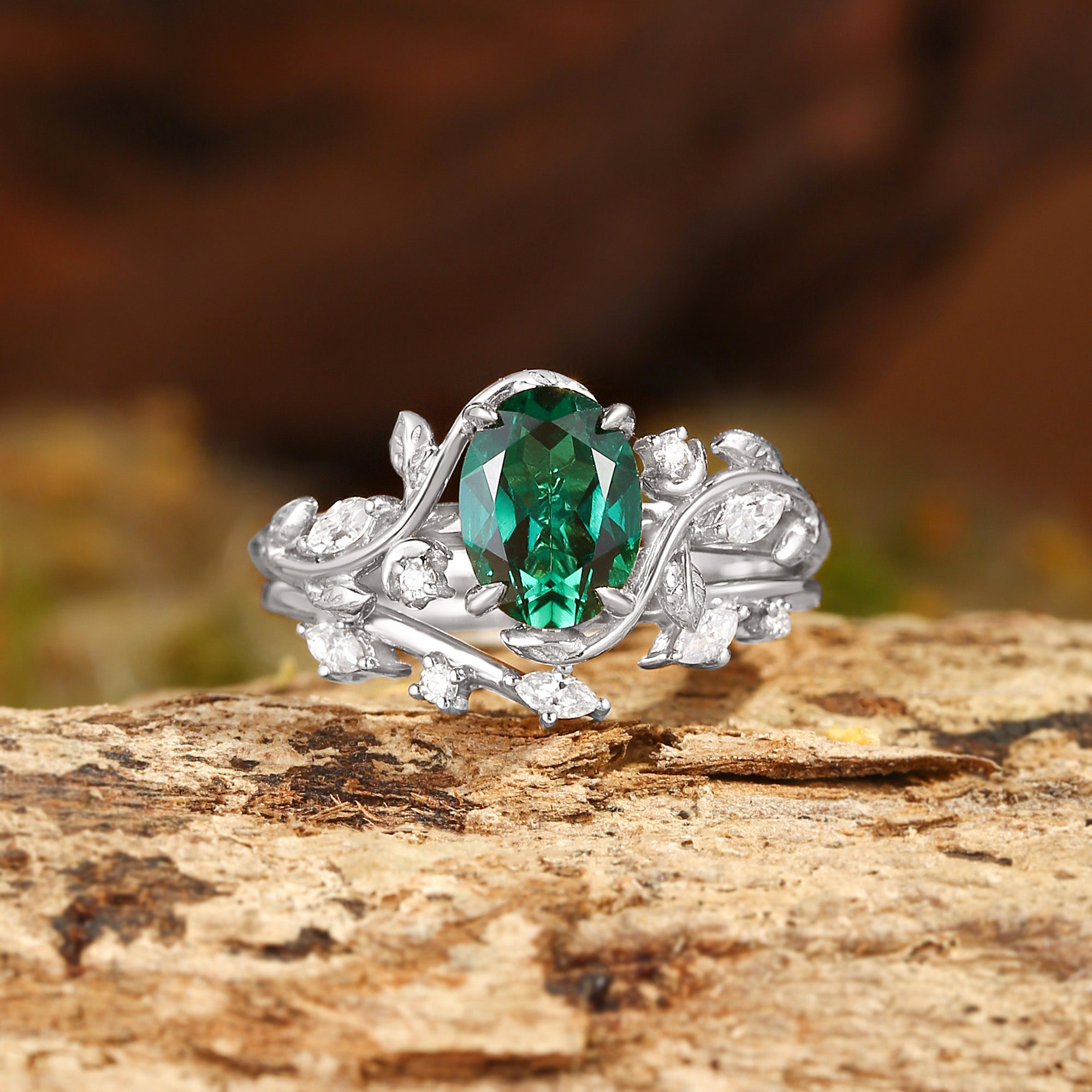 Diana - Oval Cut Leaf-Inspired Lab Emerald Engagement Ring Set 2pcs