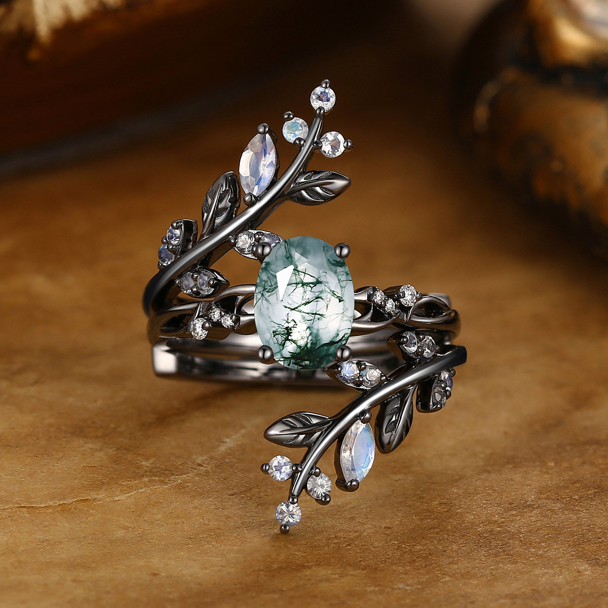 Adrienne - Black Gold Moss Agate & Moonstone Engagement Ring Set 2pcs