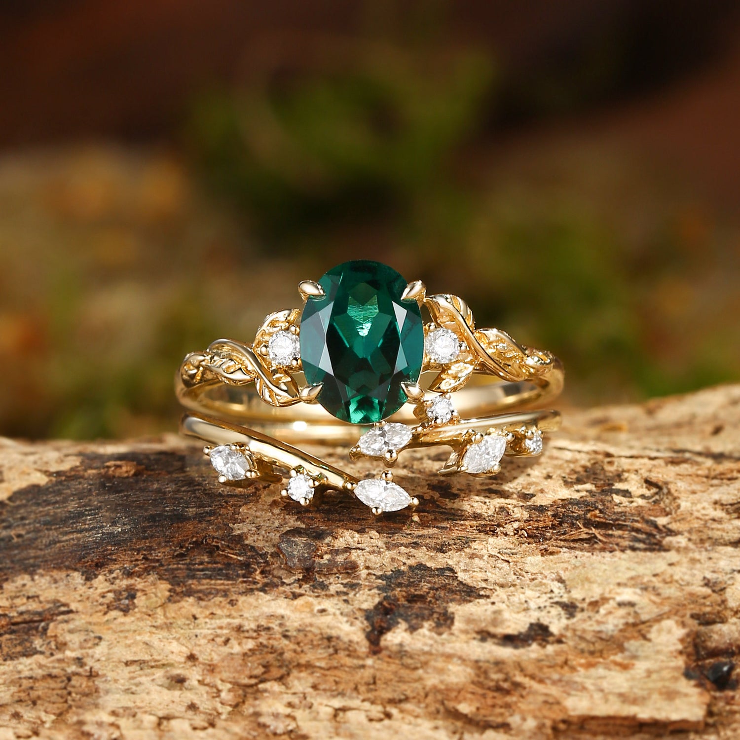 Eden - Oval Cut Lab Emerald May Birthstone Leafy Cluster Bridal Set 2pcs