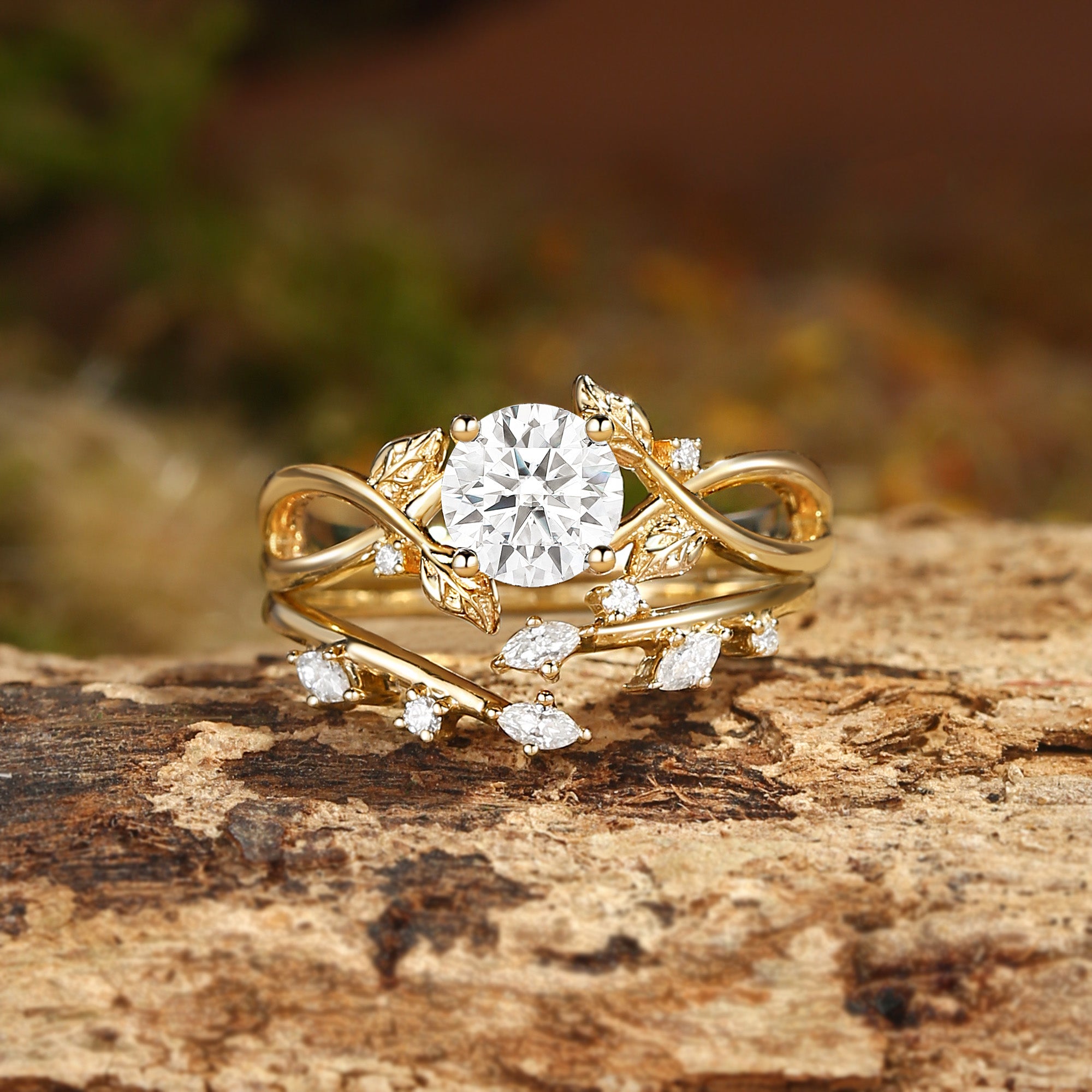 Cordelia - Round Cut Moissanite Leafy Infinity Bridal Set 2pcs