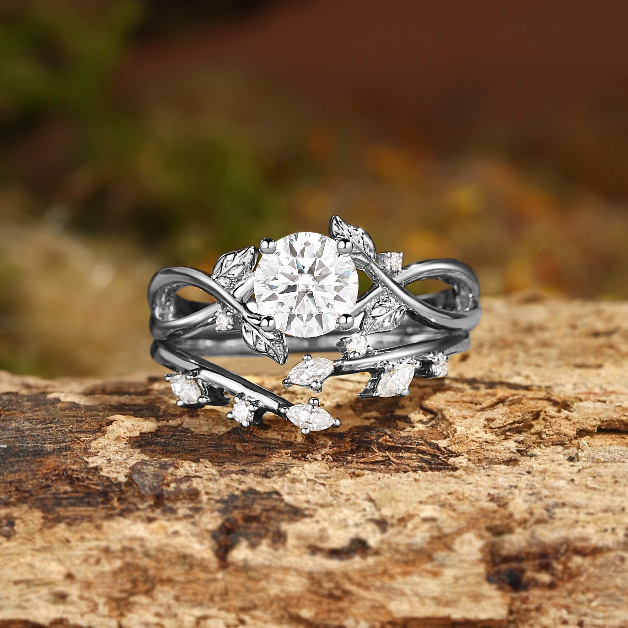 Cordelia - Round Cut Moissanite Leafy Infinity Bridal Set 2pcs