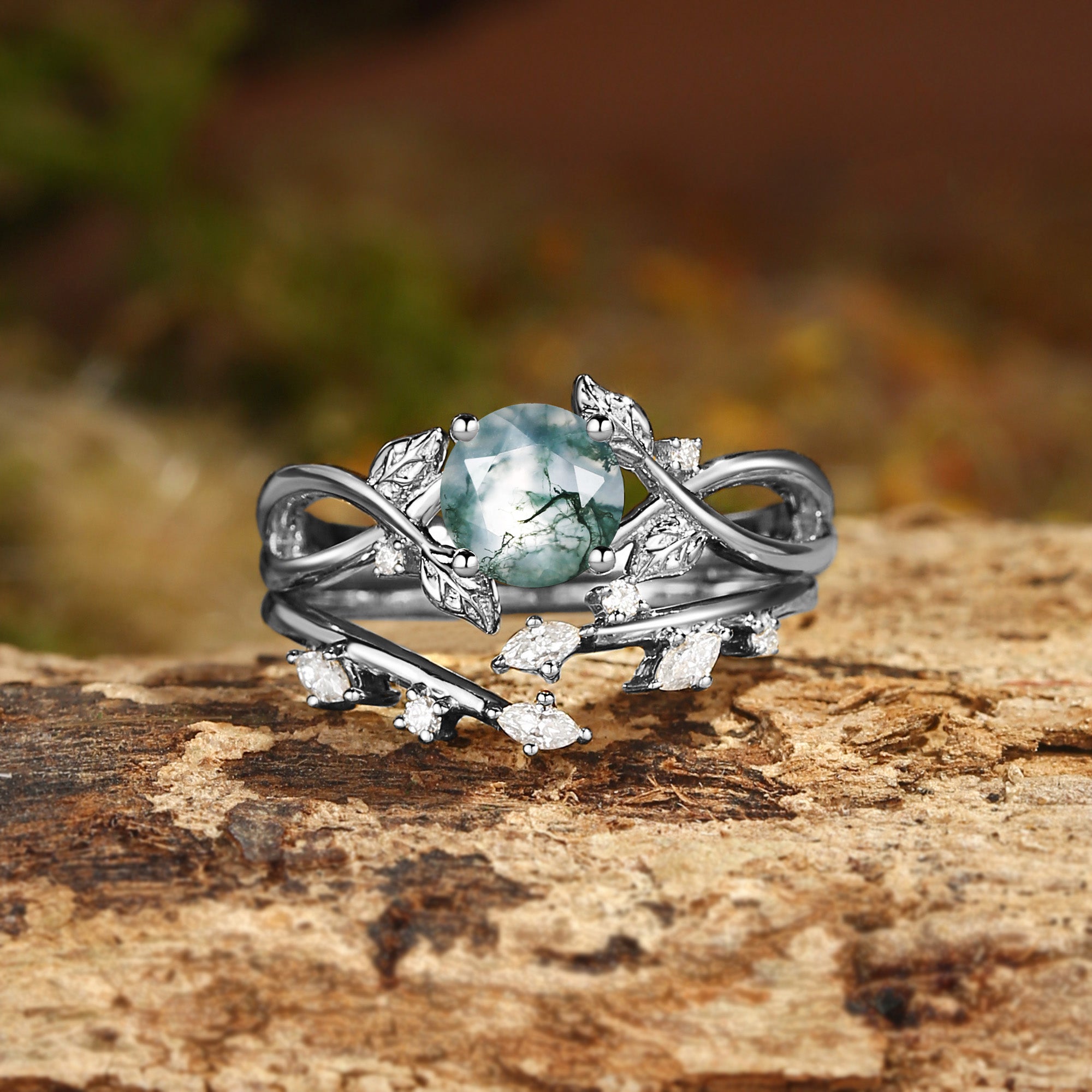 Cordelia - Round Cut Moss Agate Leafy Infinity Bridal Set 2pcs
