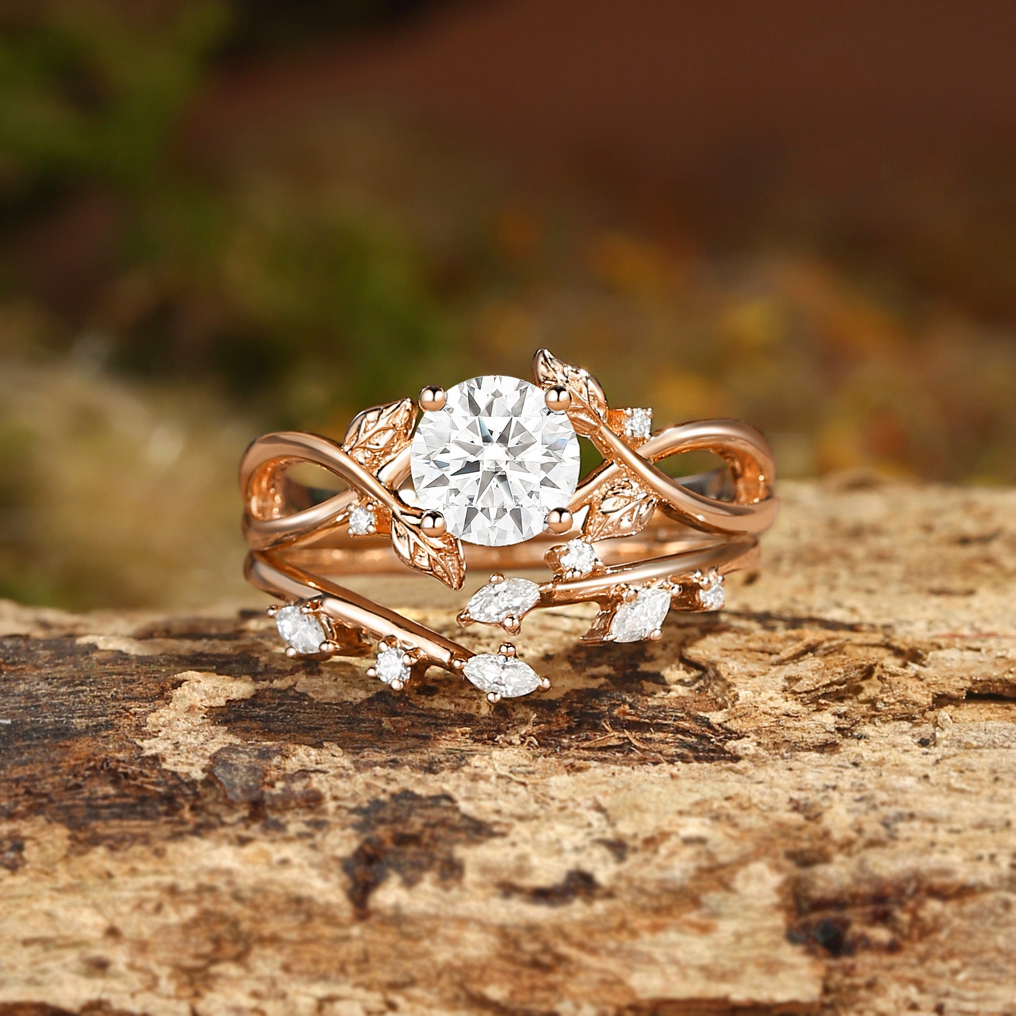 Cordelia - Round Cut Moissanite Leafy Infinity Bridal Set 2pcs