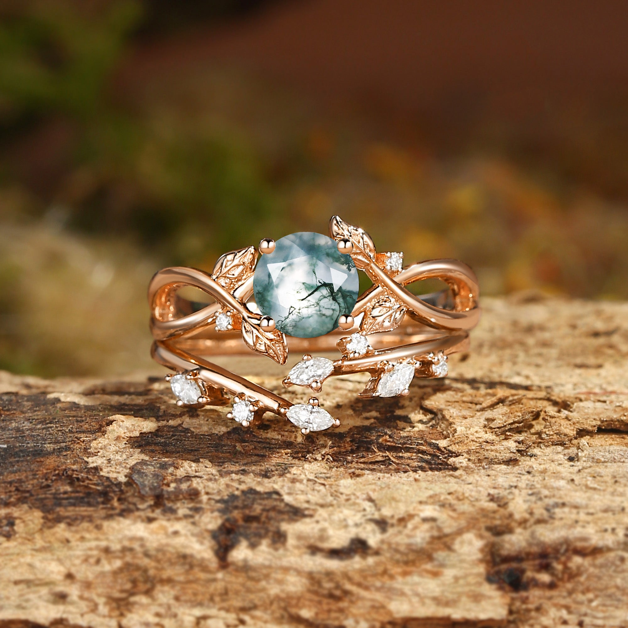 Cordelia - Round Cut Moss Agate Leafy Infinity Bridal Set 2pcs