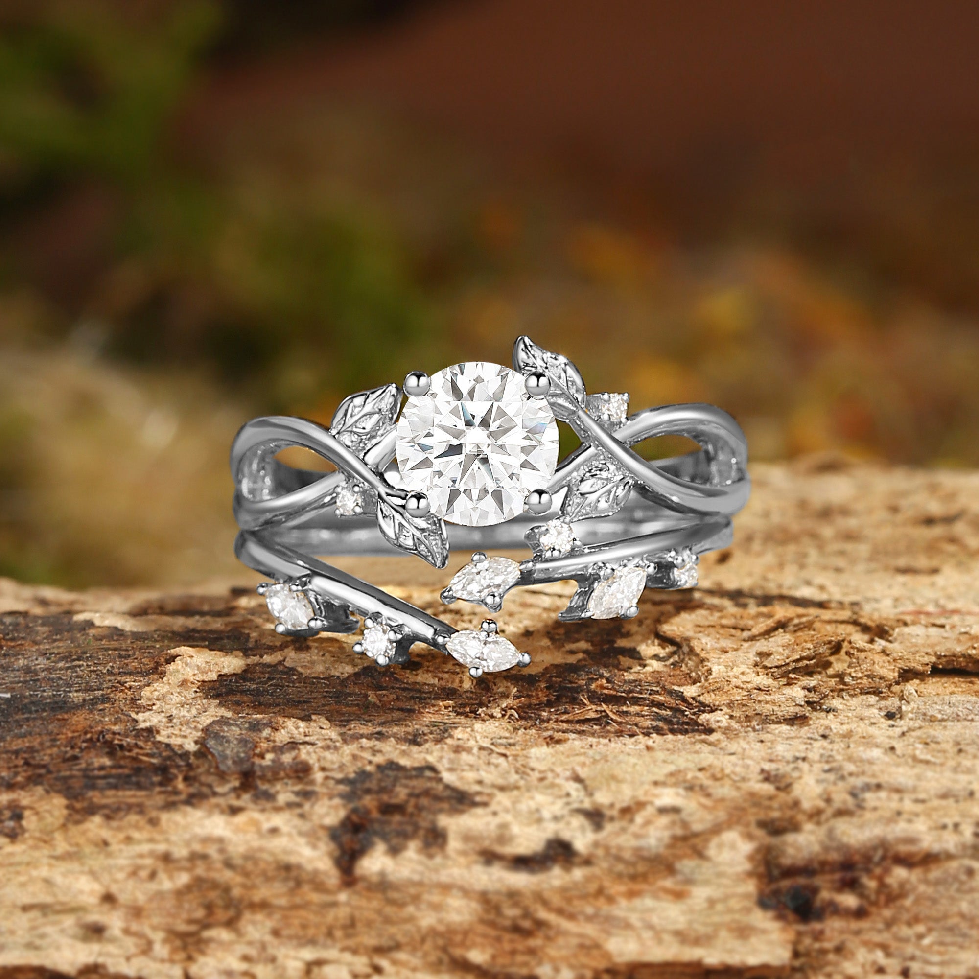 Cordelia - Round Cut Moissanite Leafy Infinity Bridal Set 2pcs