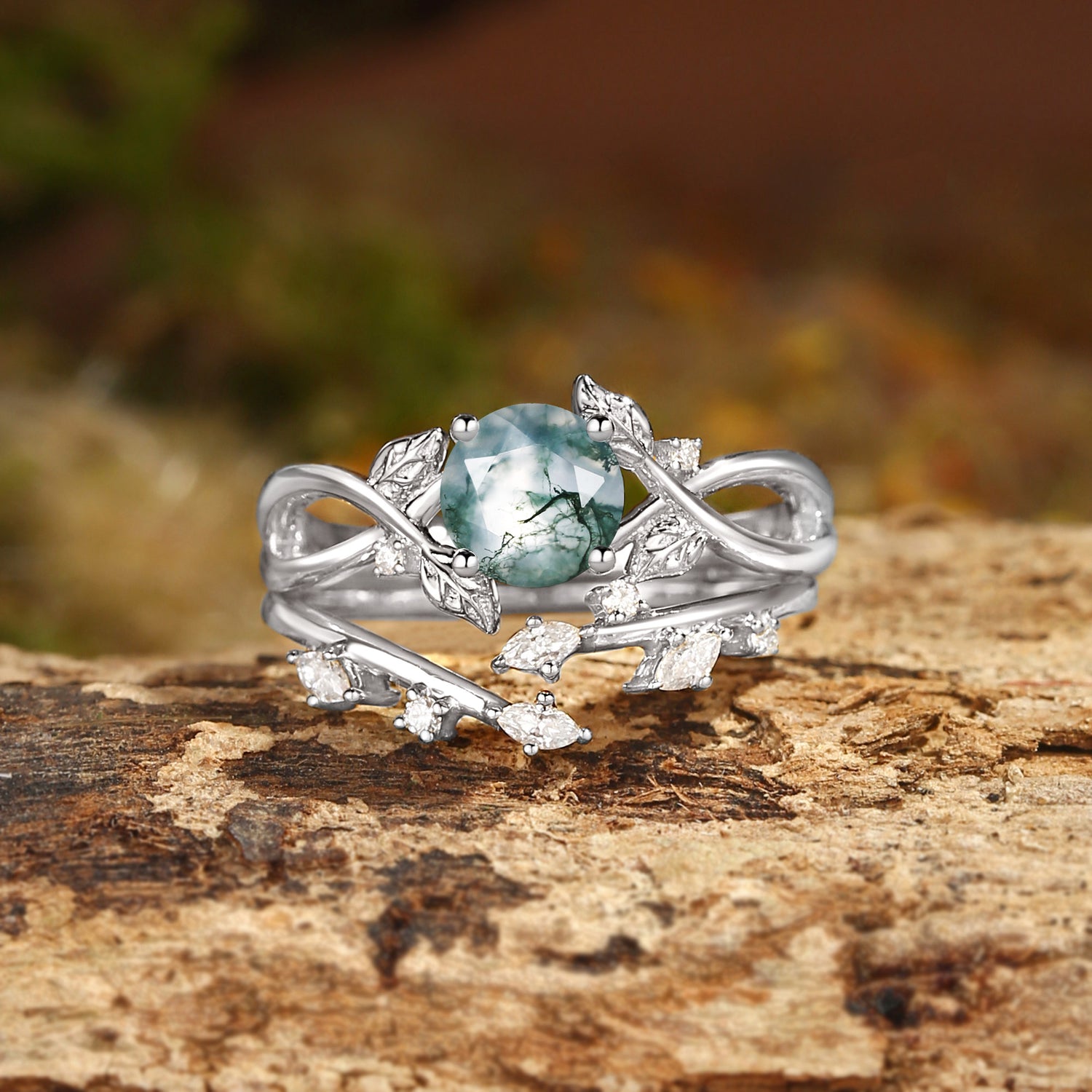 Cordelia - Round Cut Moss Agate Leafy Infinity Bridal Set 2pcs
