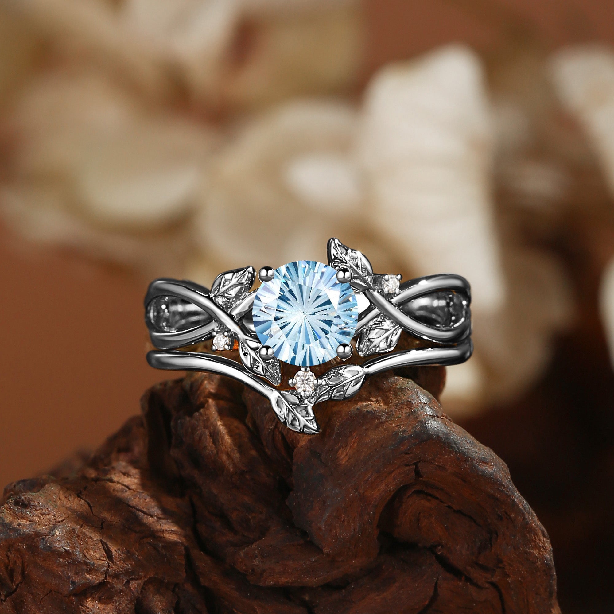 Cordelia - Firework Round Cut Aquamarine Yellow Gold Bridal Set 2pcs