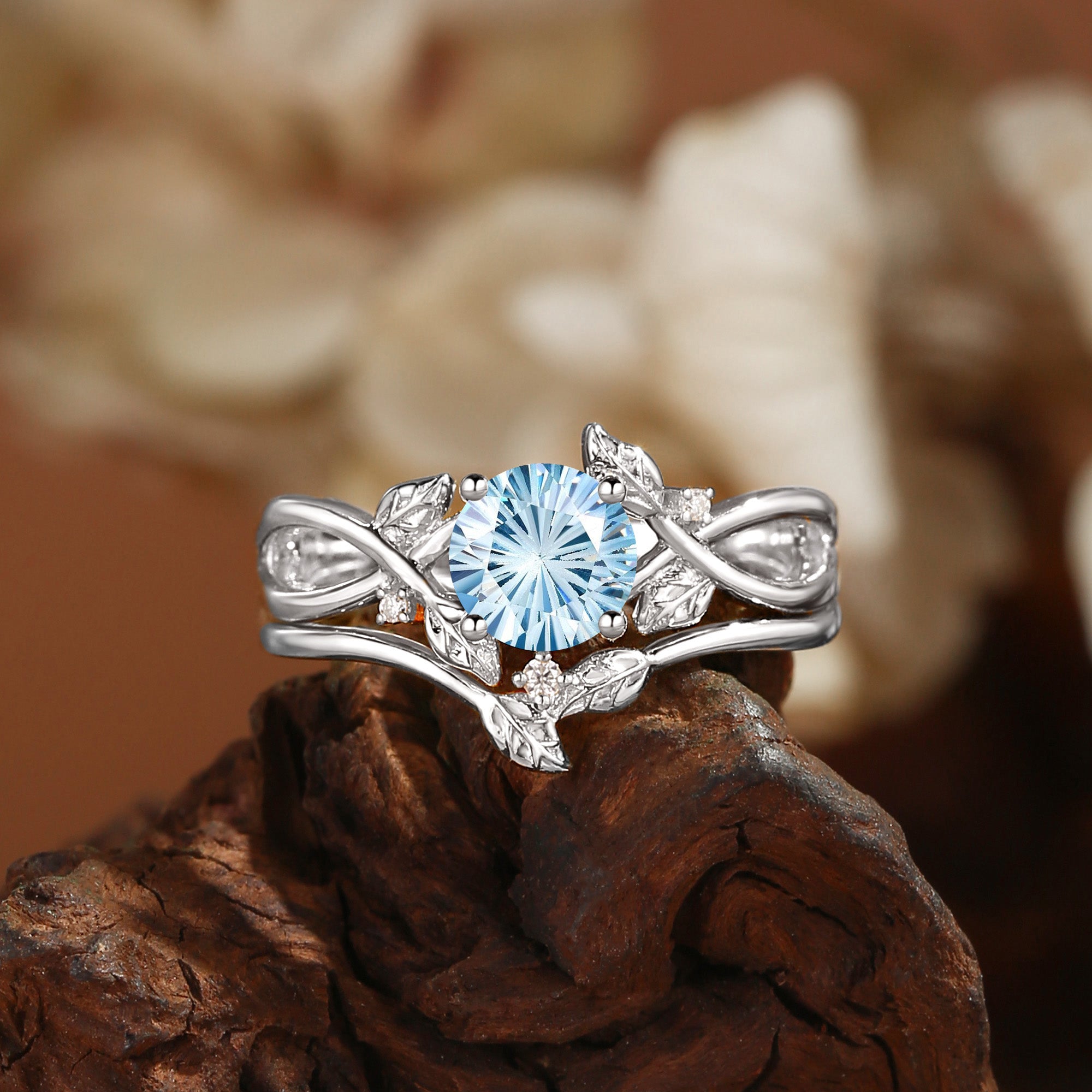 Cordelia - Firework Round Cut Aquamarine Yellow Gold Bridal Set 2pcs