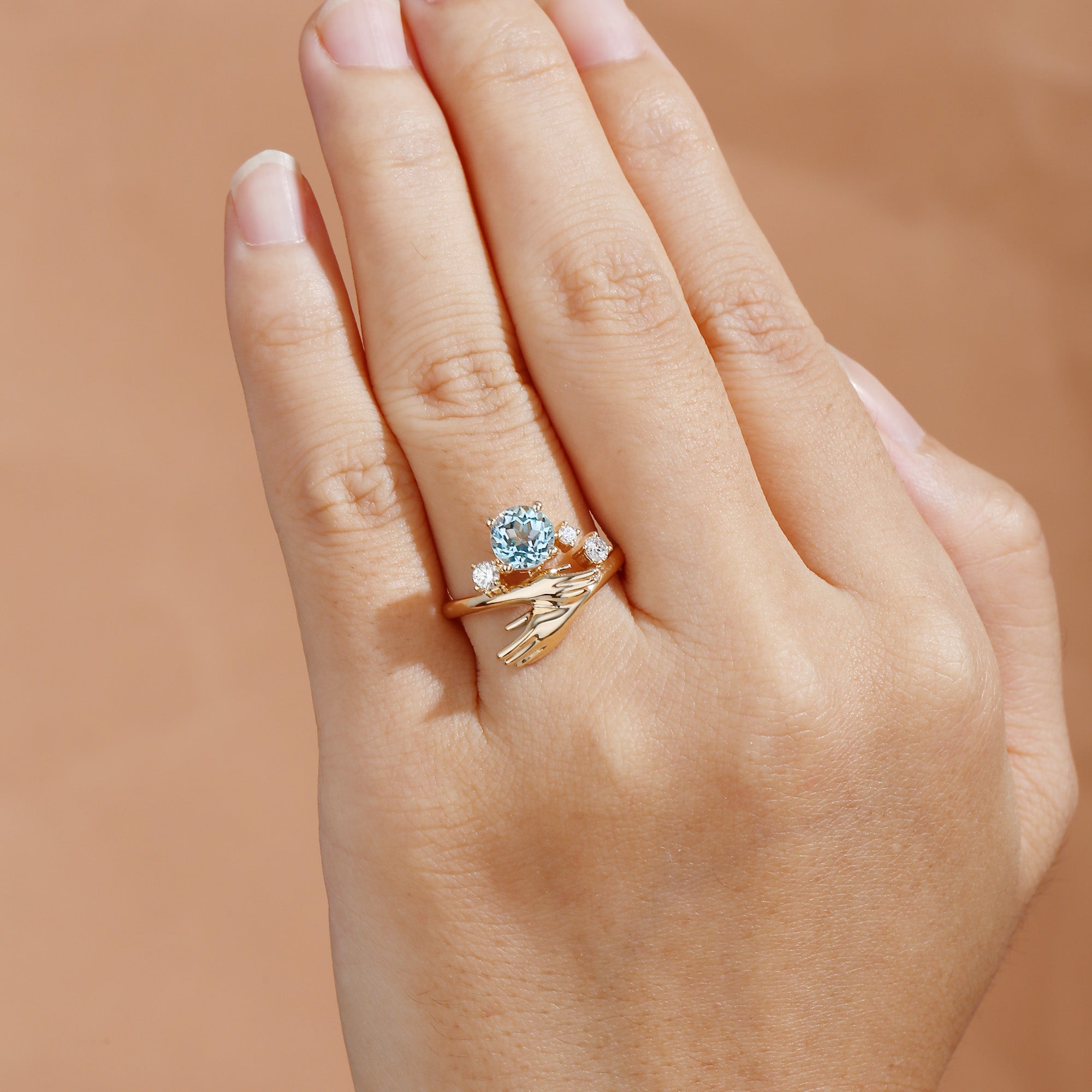 Unity - Unique Round Cut Aquamarine Art Hand  Inspired Engagement Ring